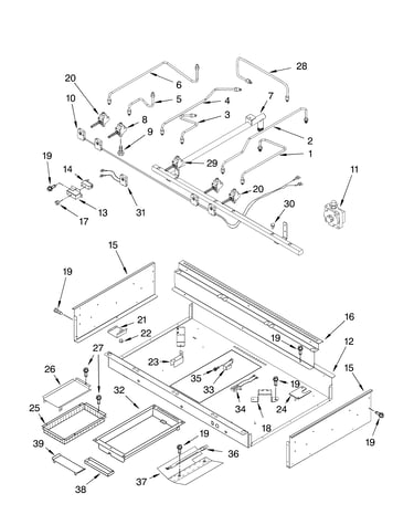 Burner box, gas valves, and switches