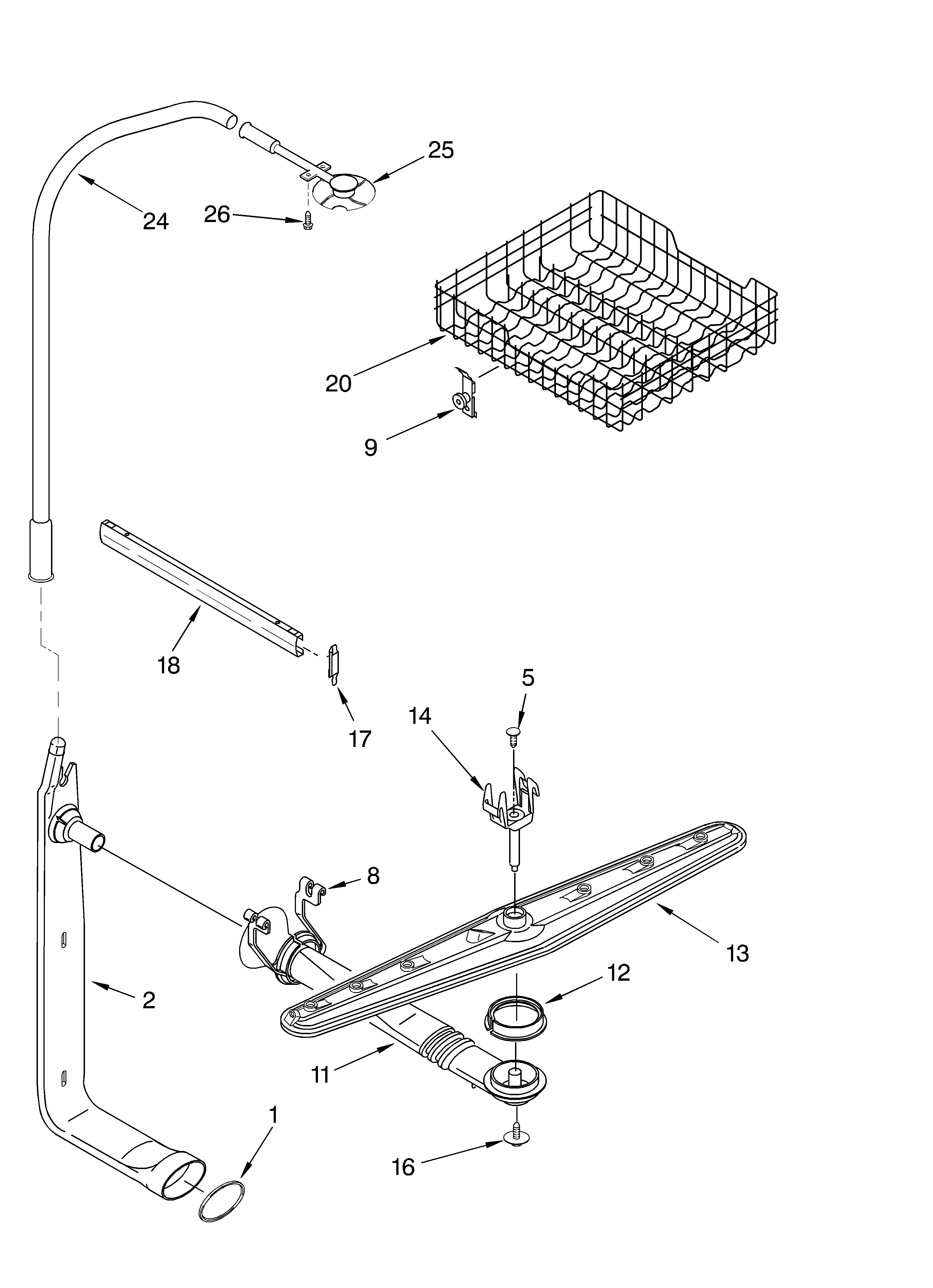 Upper dishrack and water feed