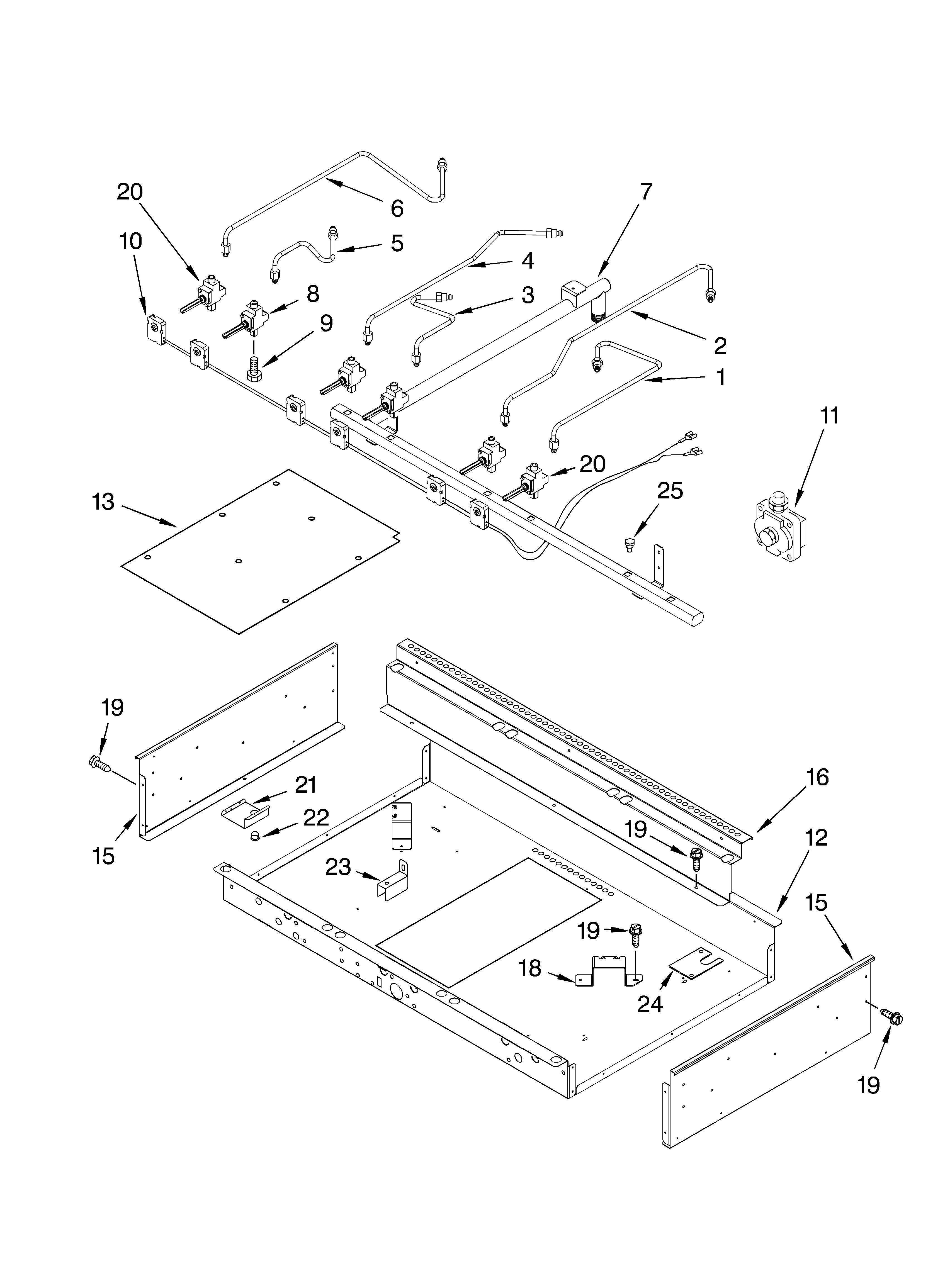 BURNER BOX, GAS VALVES, AND SWITCHES