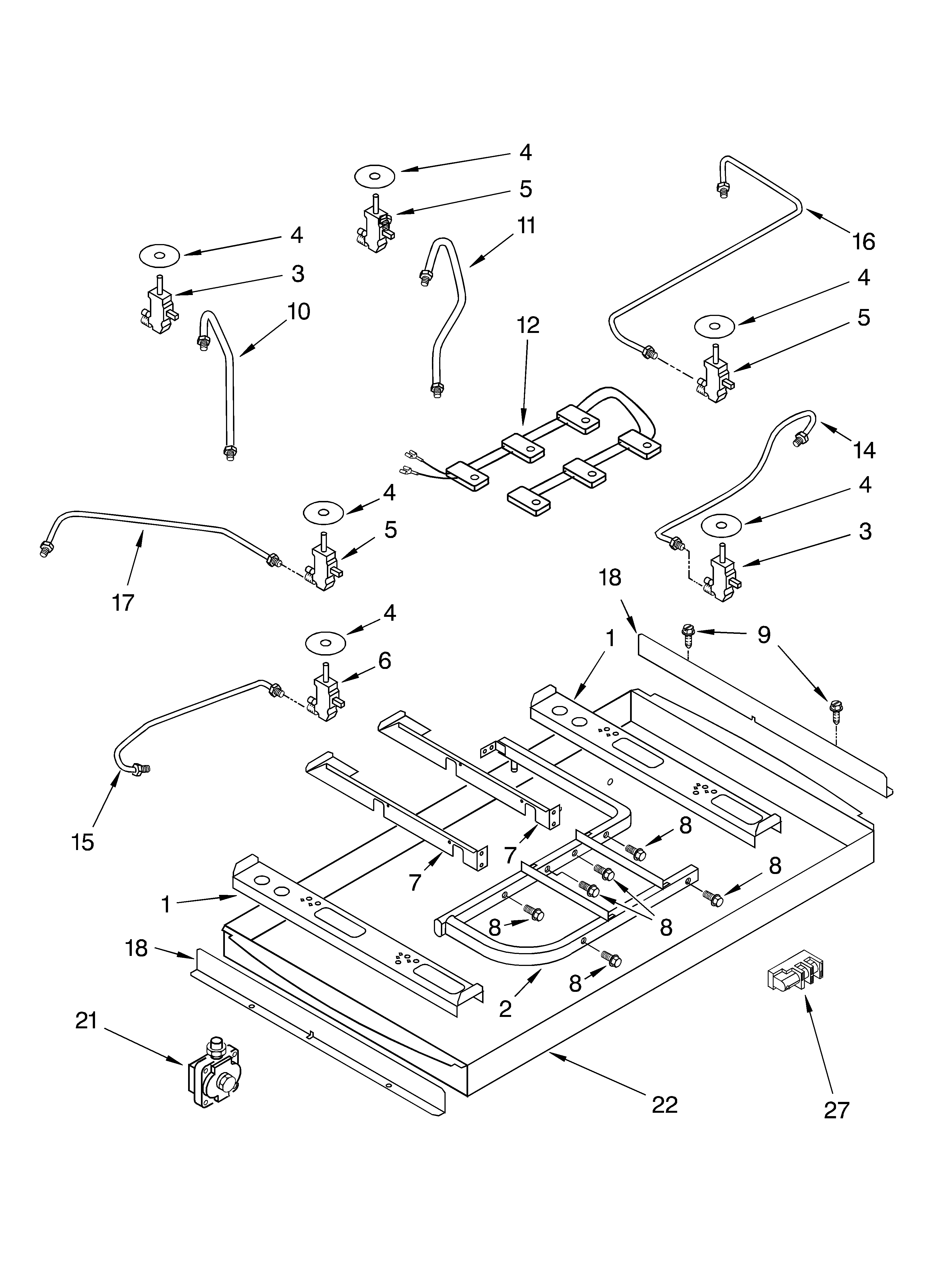 BURNER BOX, GAS VALVES, AND SWITCHES