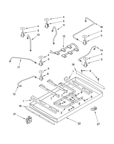 Burner box, gas valves, and switches