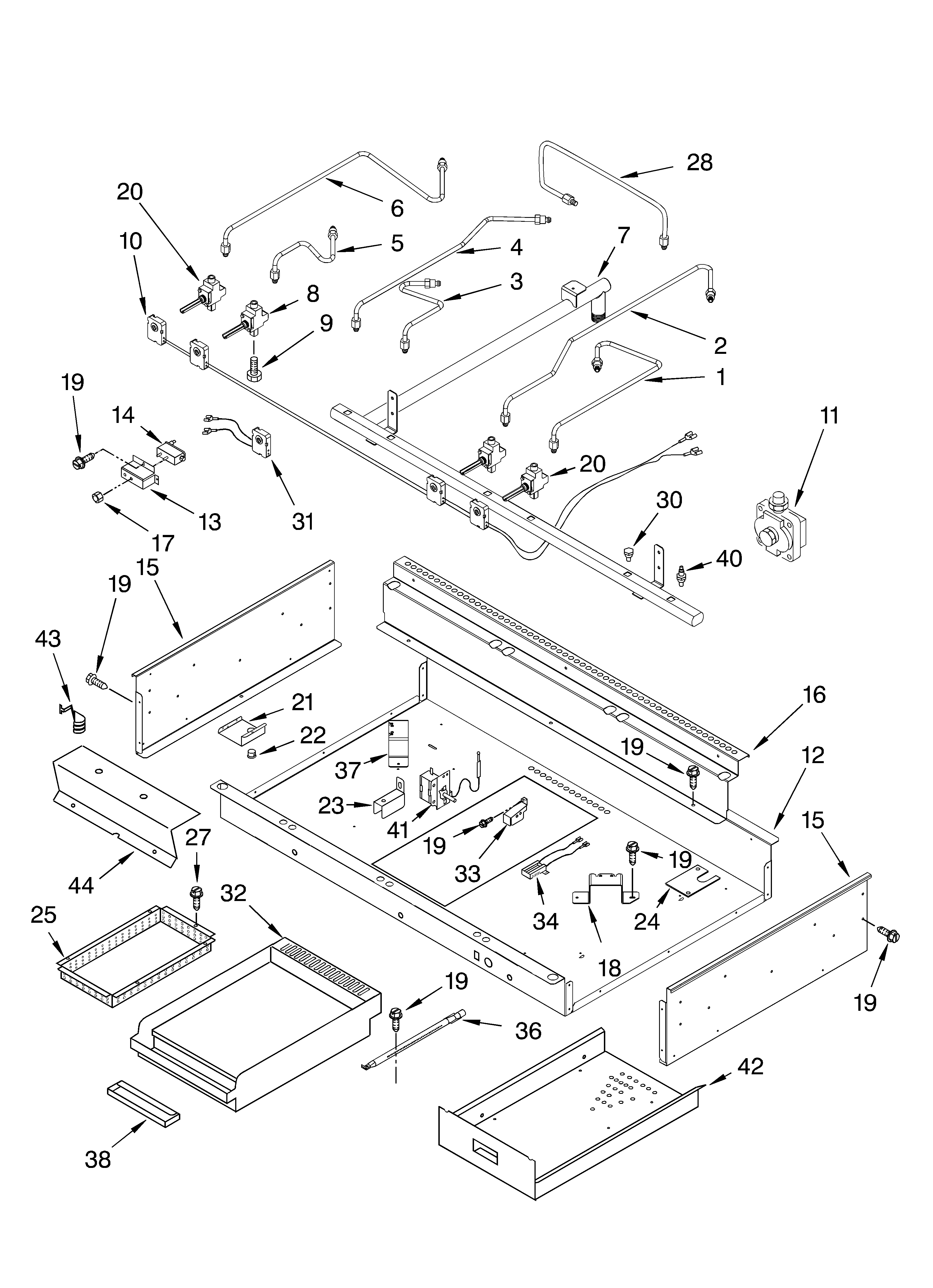 BURNER BOX, GAS VALVES, AND SWITCHES