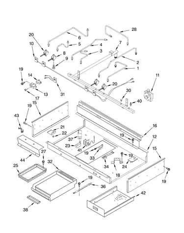 Burner box, gas valves, and switches