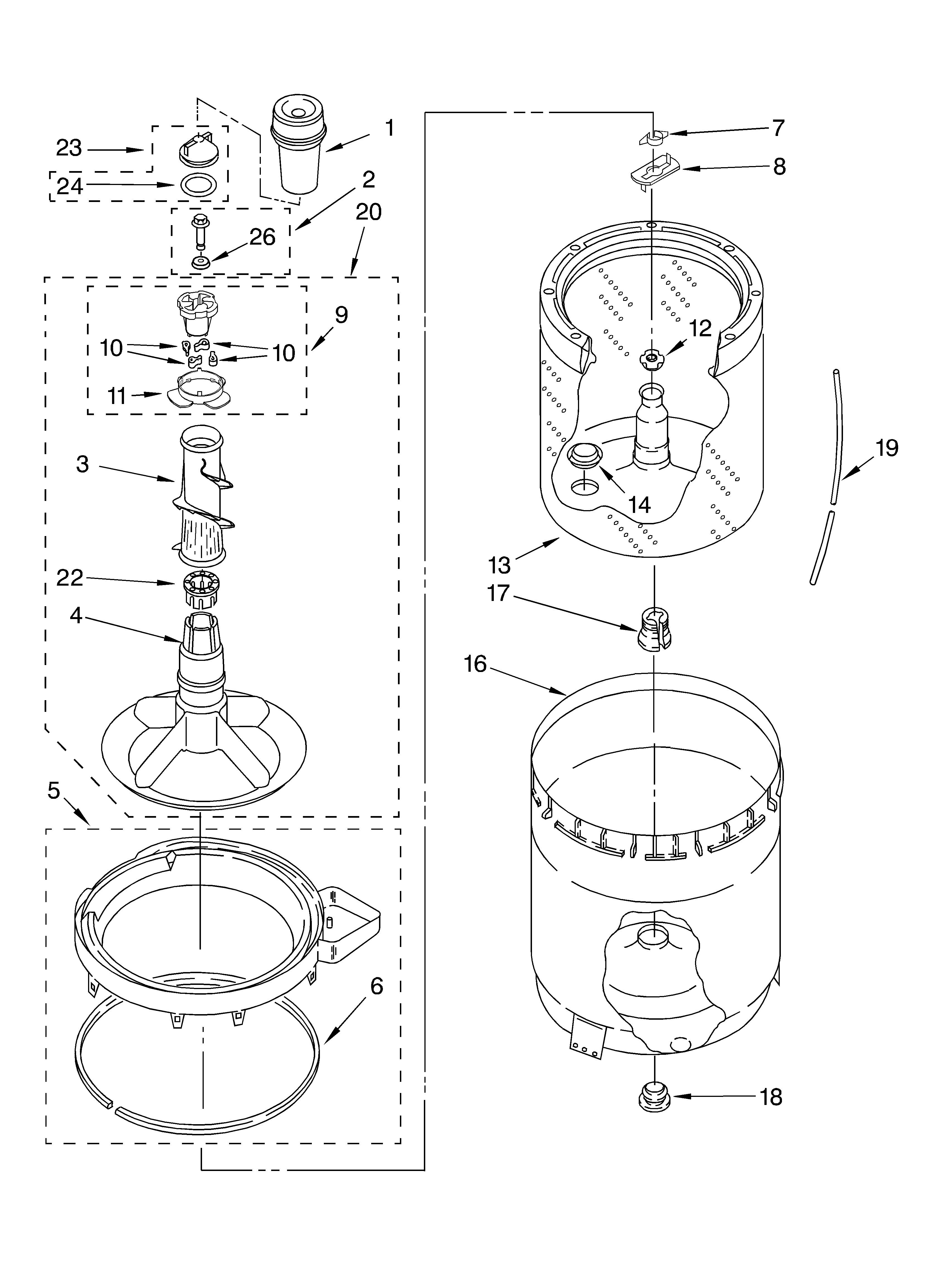 Agitator, basket and tub