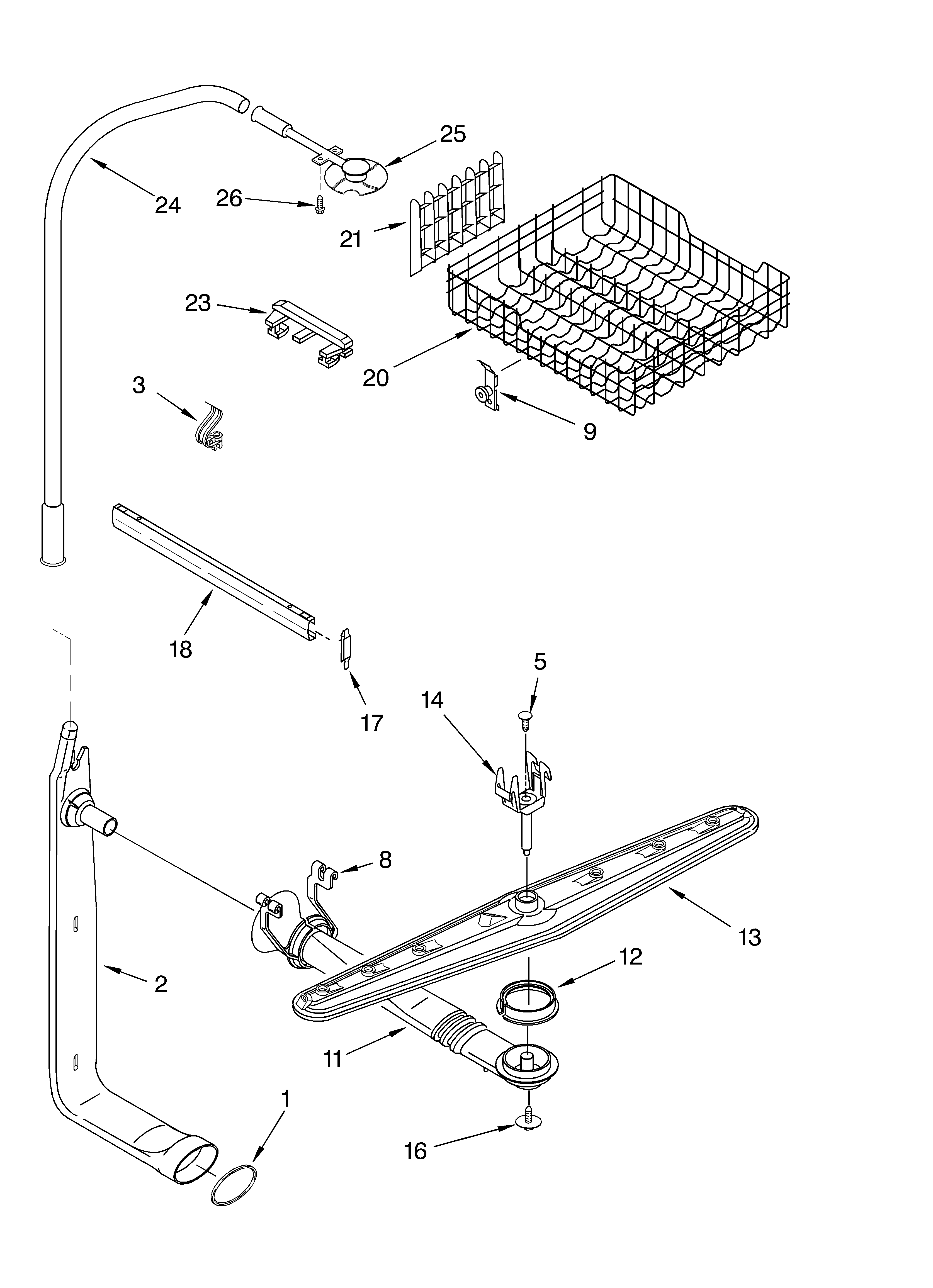 Upper dishrack and water feed