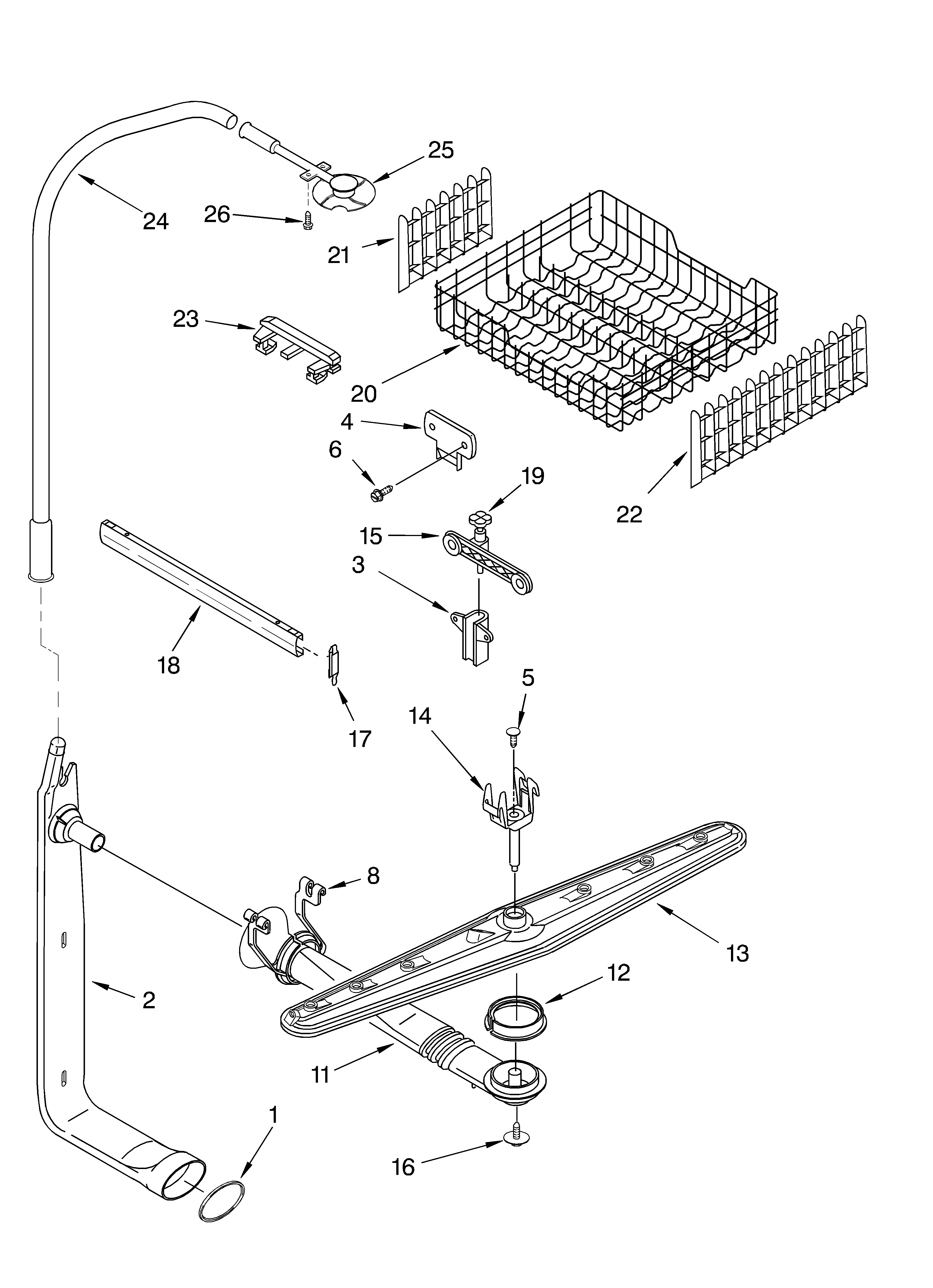 Upper dishrack and water feed