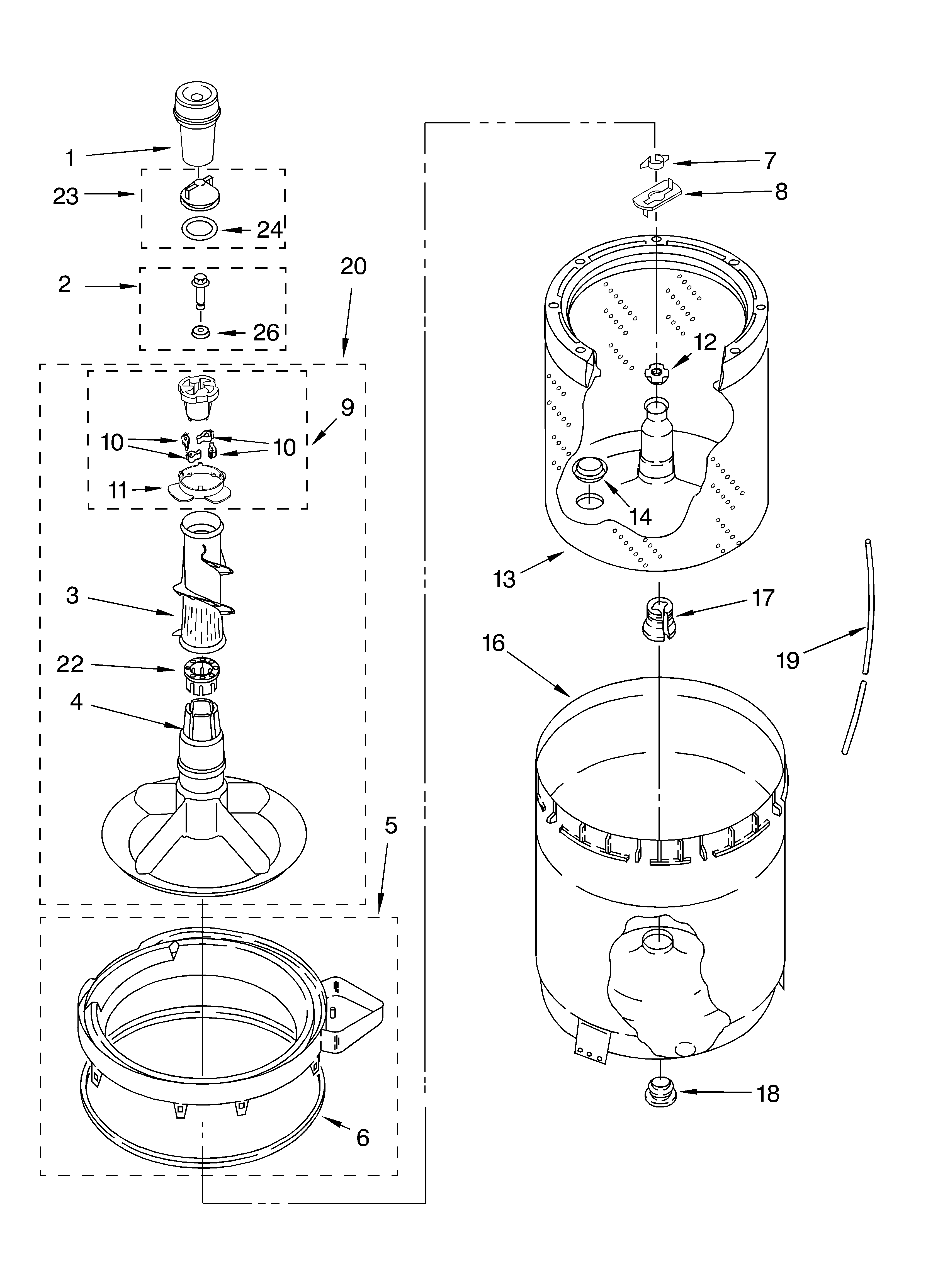 Agitator, basket and tub