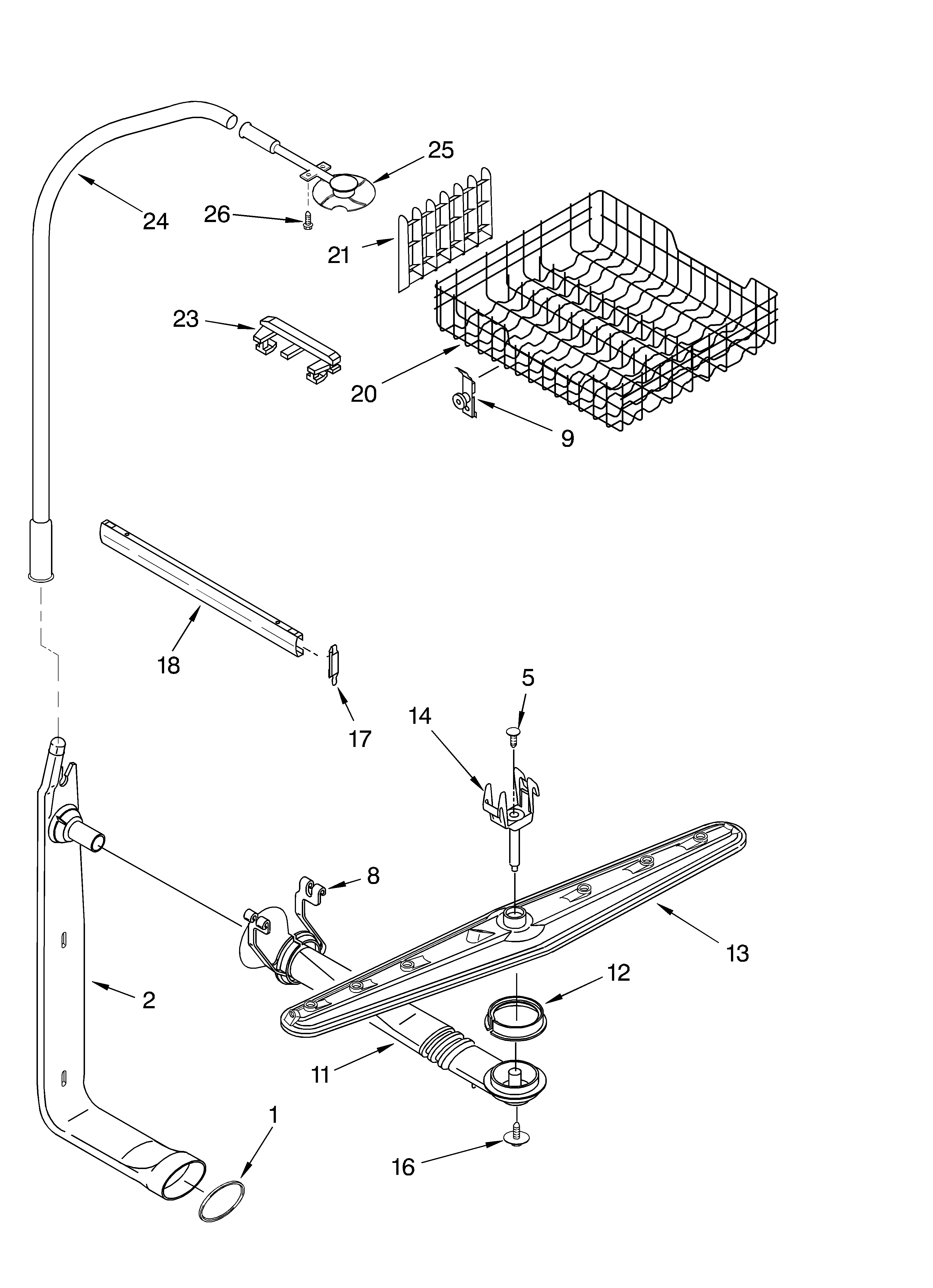 Upper dishrack and water feed