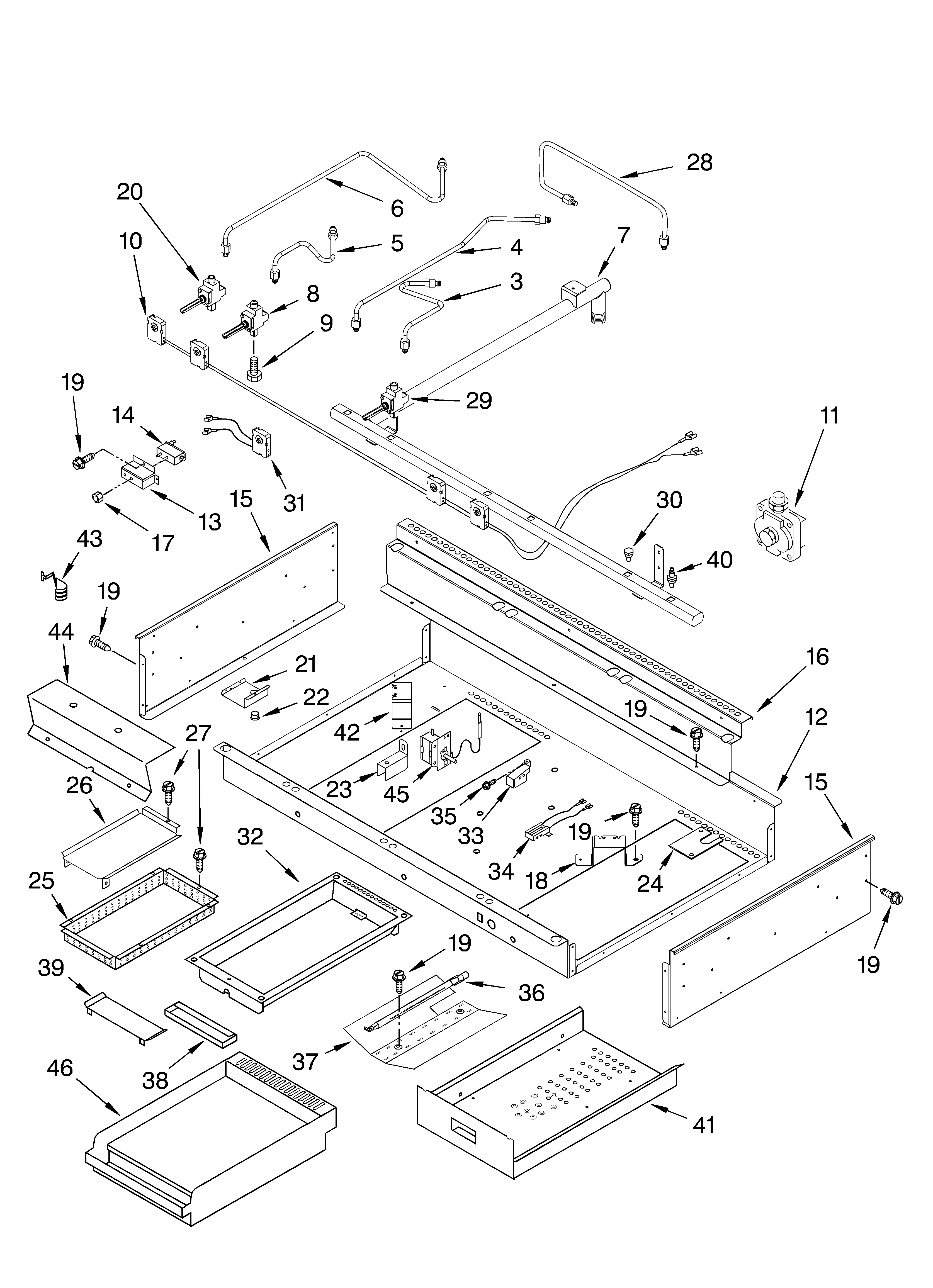 BURNER BOX,GAS VALVES, AND SWITCHES