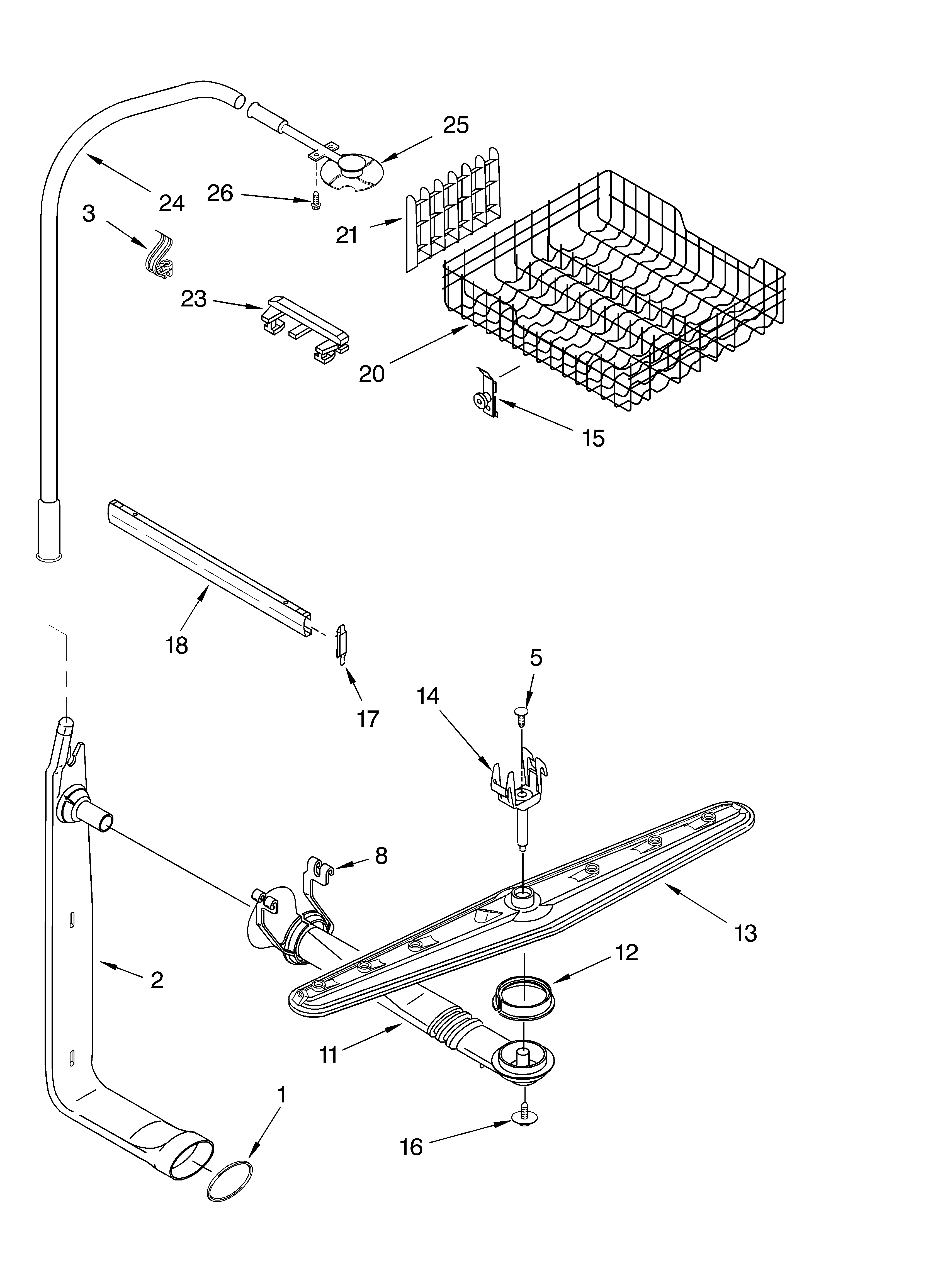 Upper dishrack and water feed