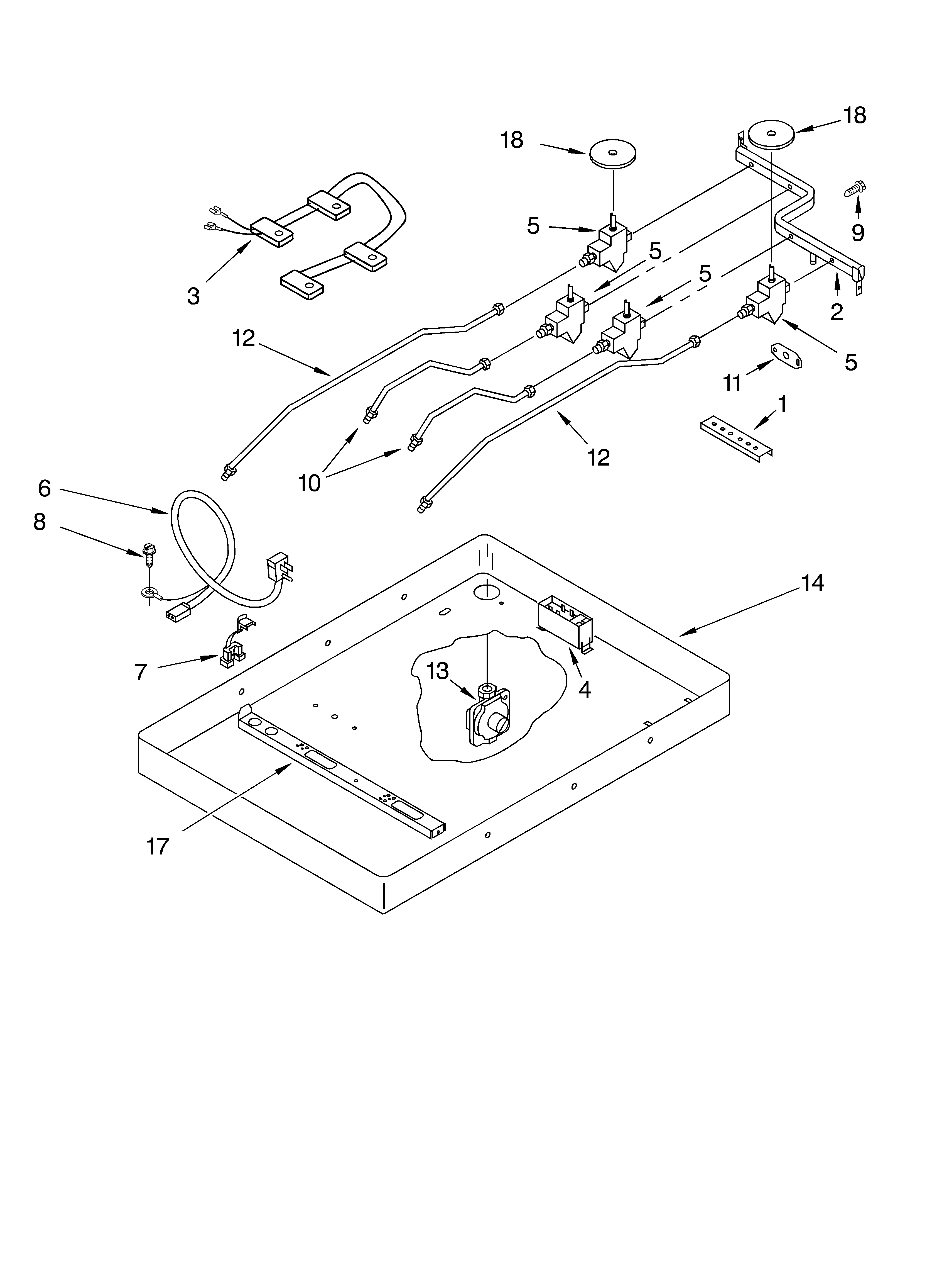 Burner box, gas valves, switches