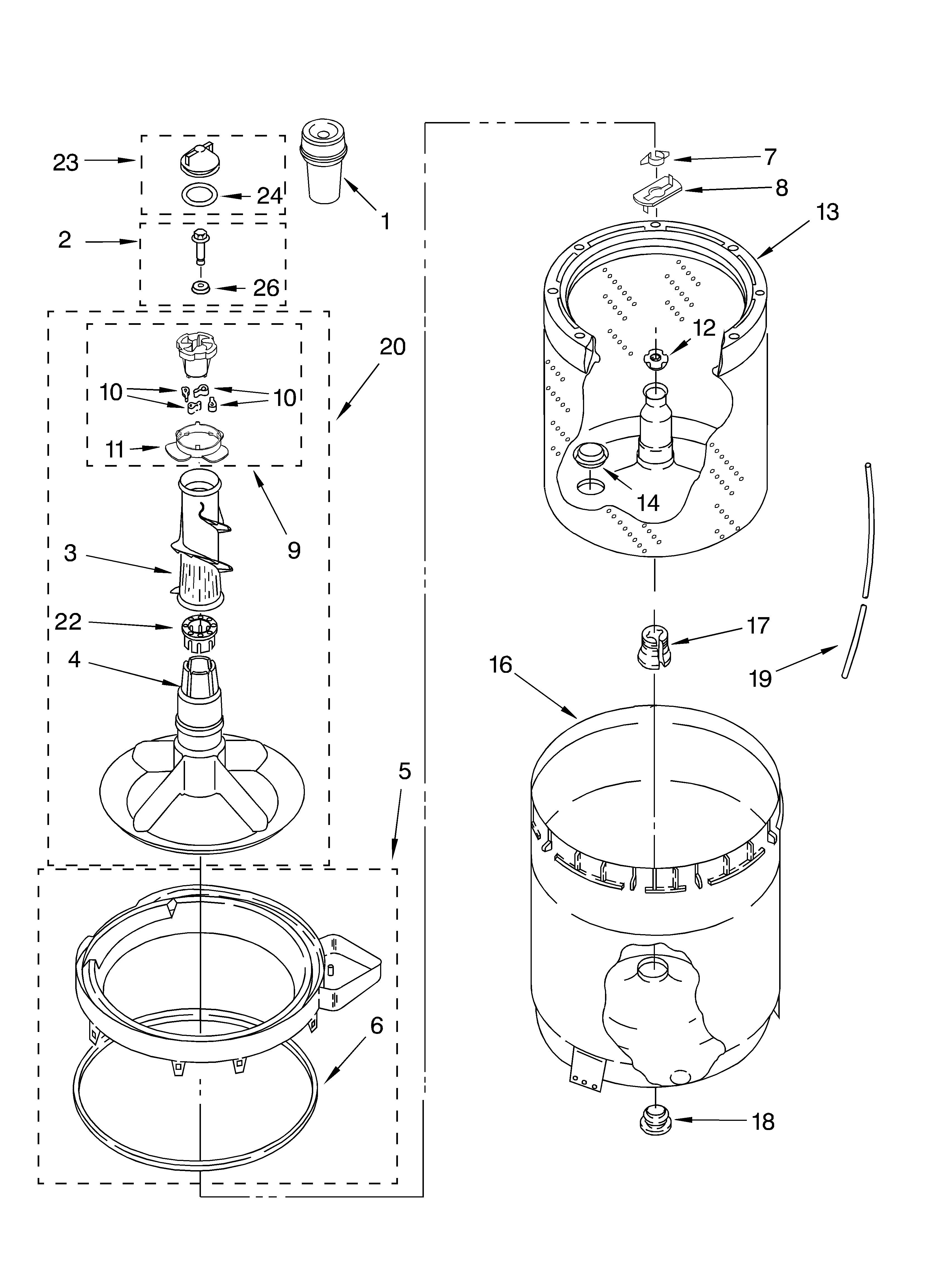 Agitator, basket and tub