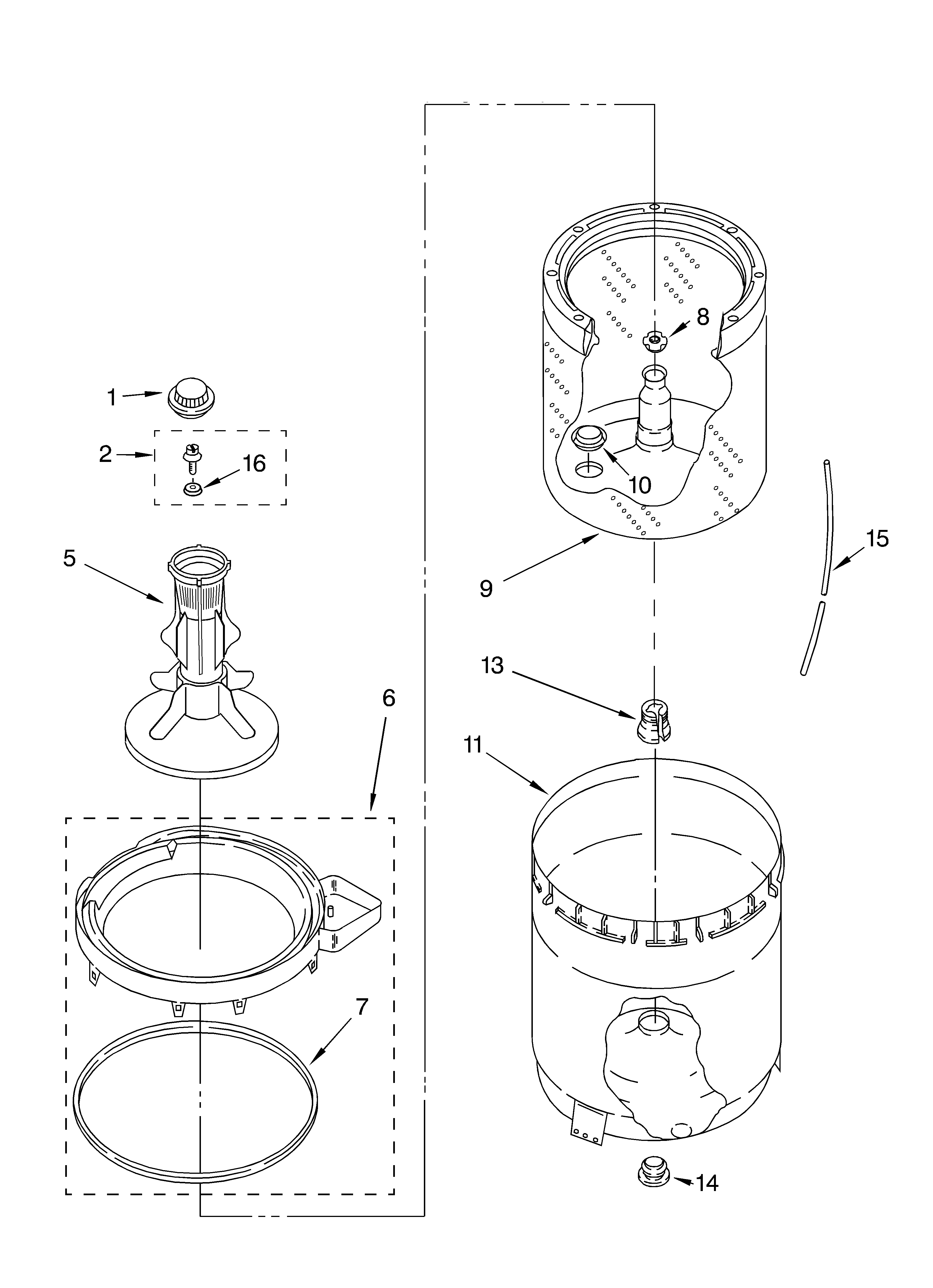 Agitator, basket and tub