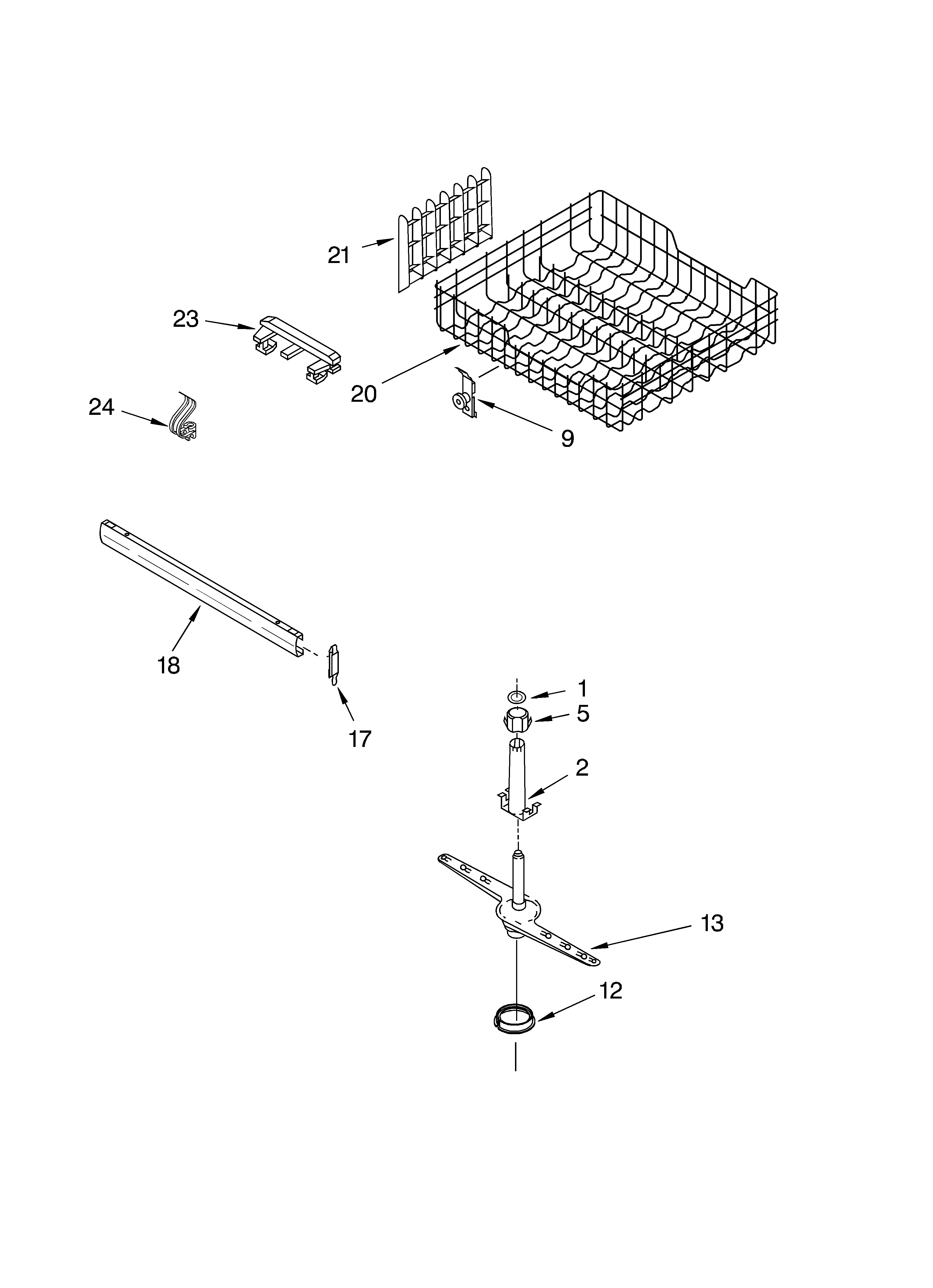 Upper dishrack and water feed