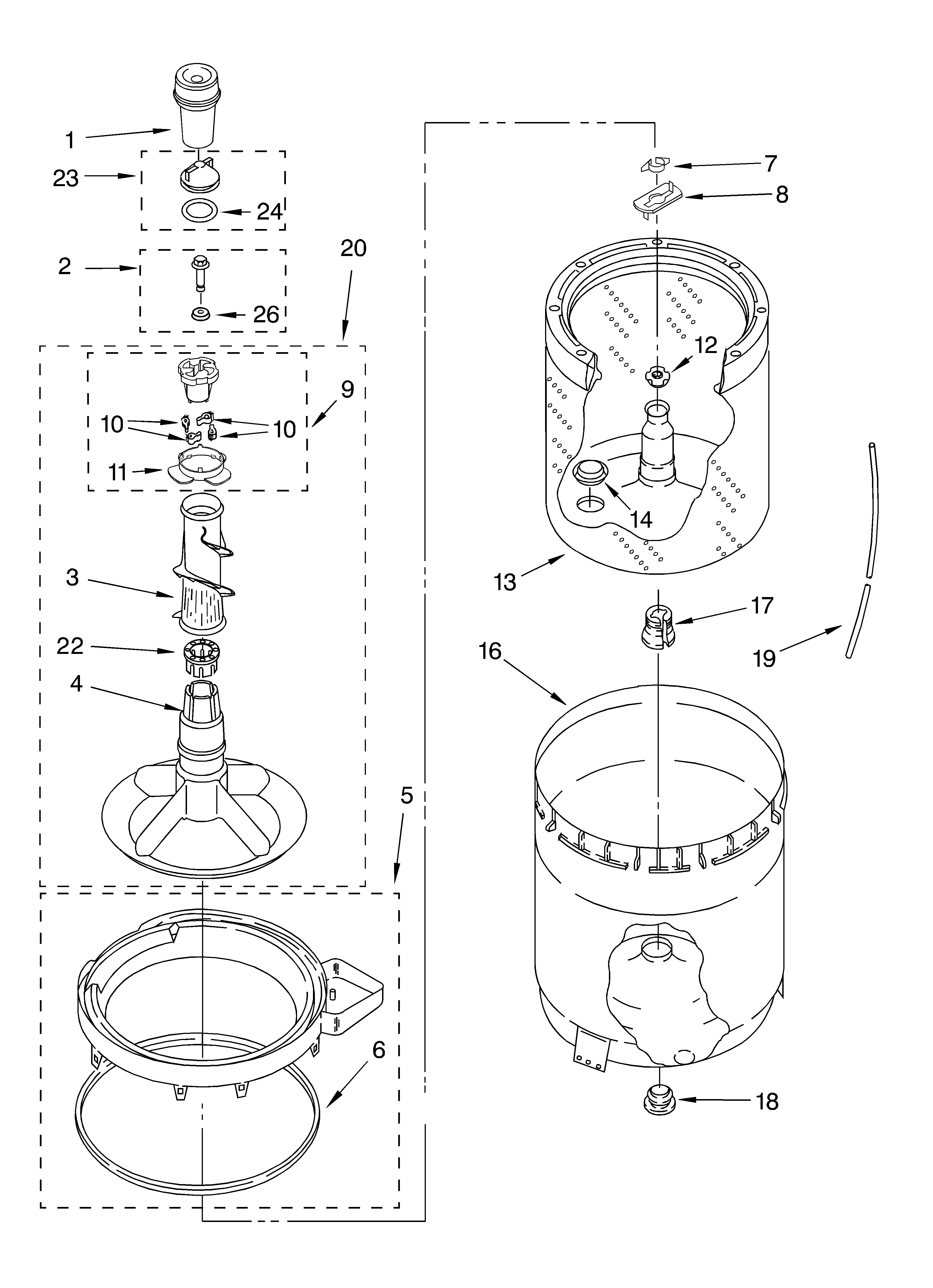 Agitator, basket and tub