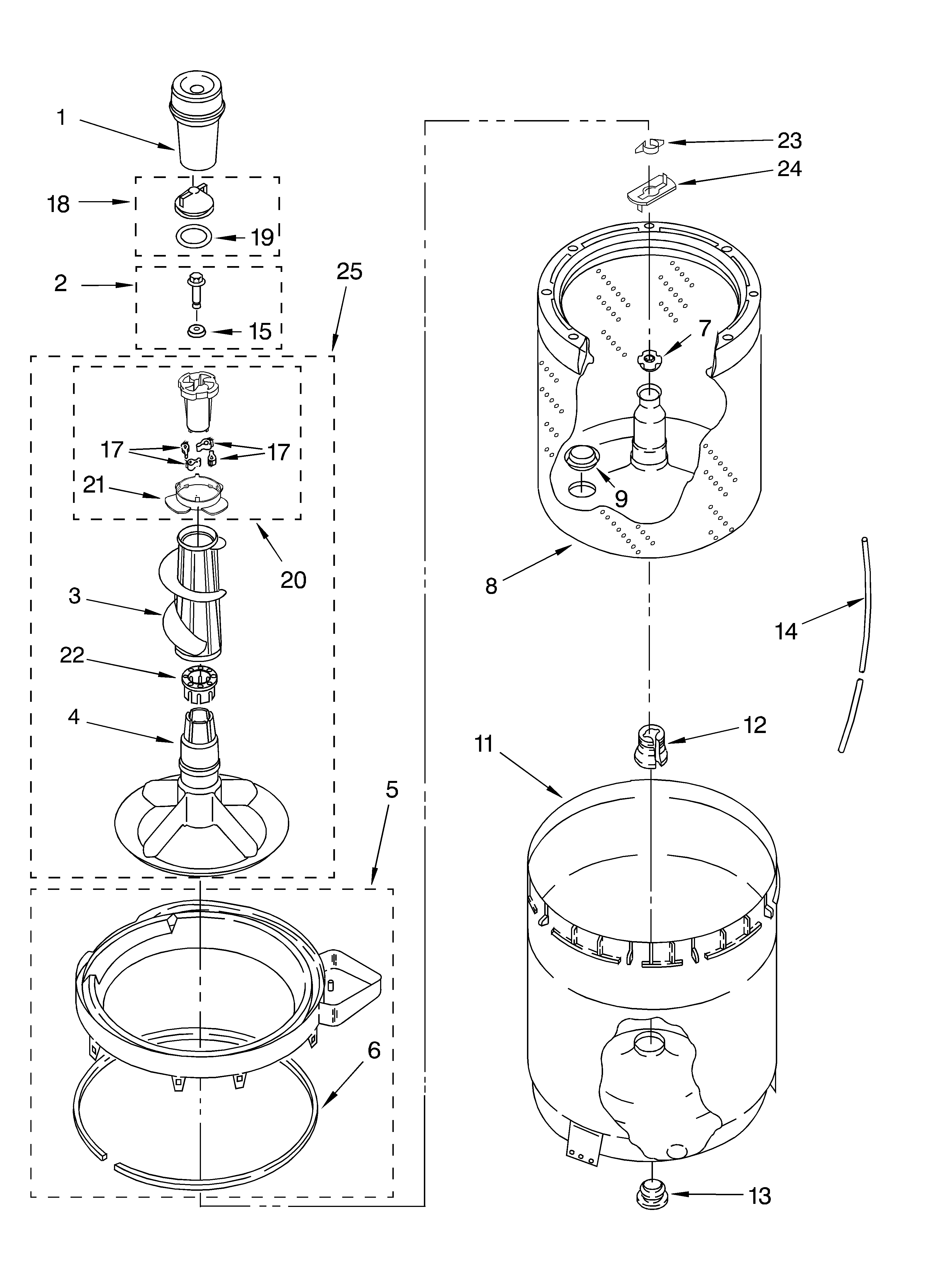 Agitator, basket and tub