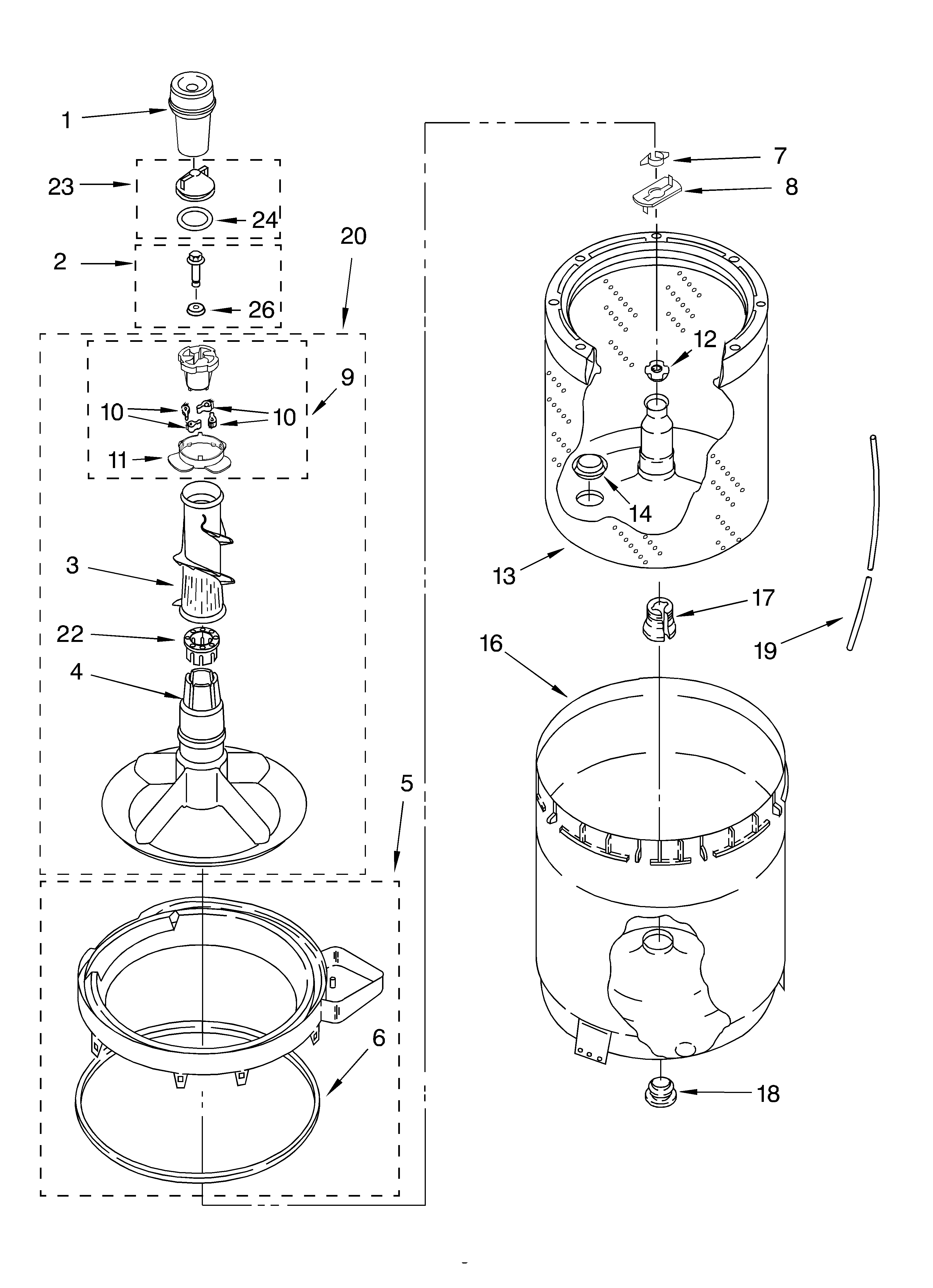 Agitator, basket and tub