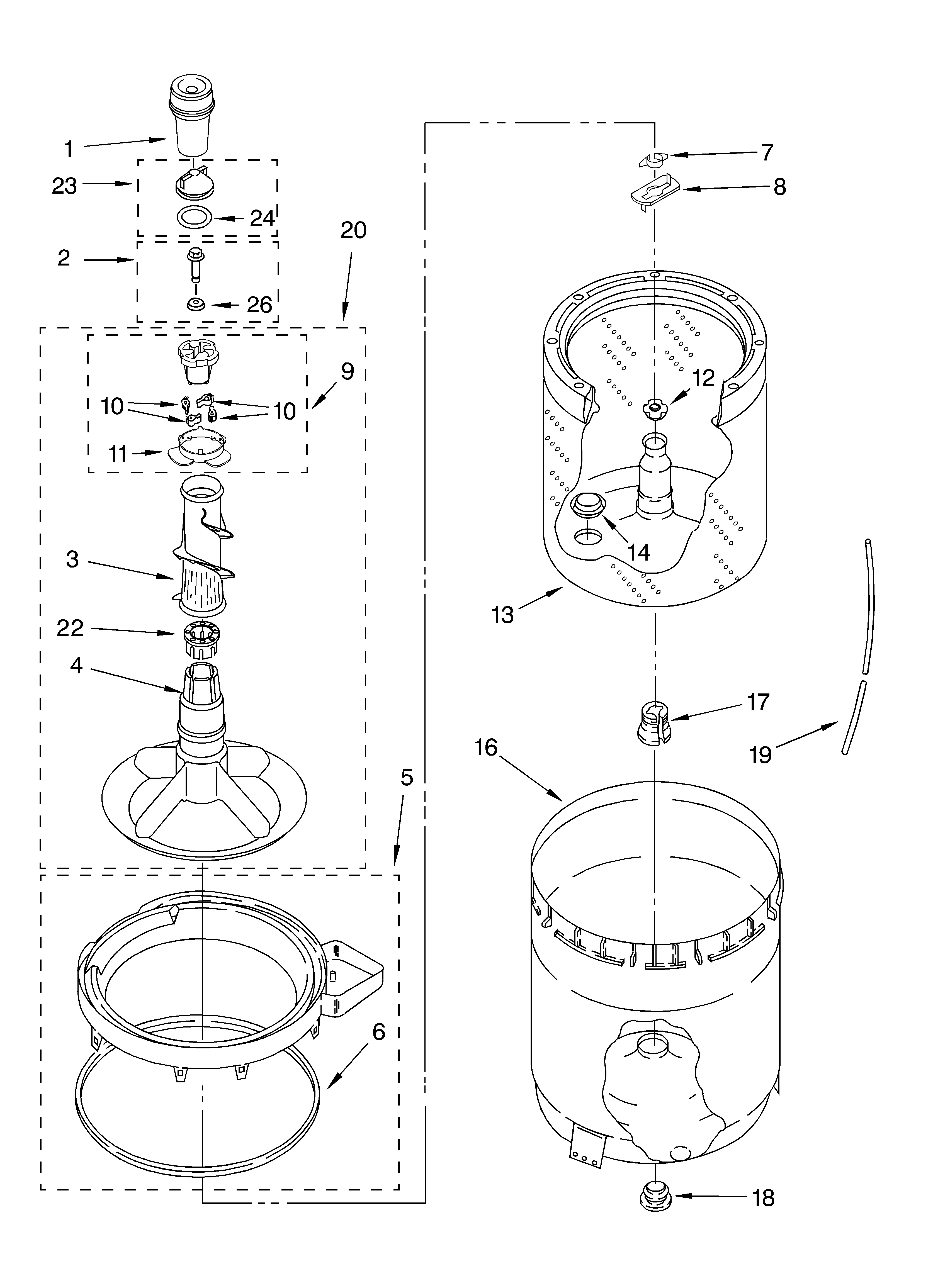 Agitator, basket and tub