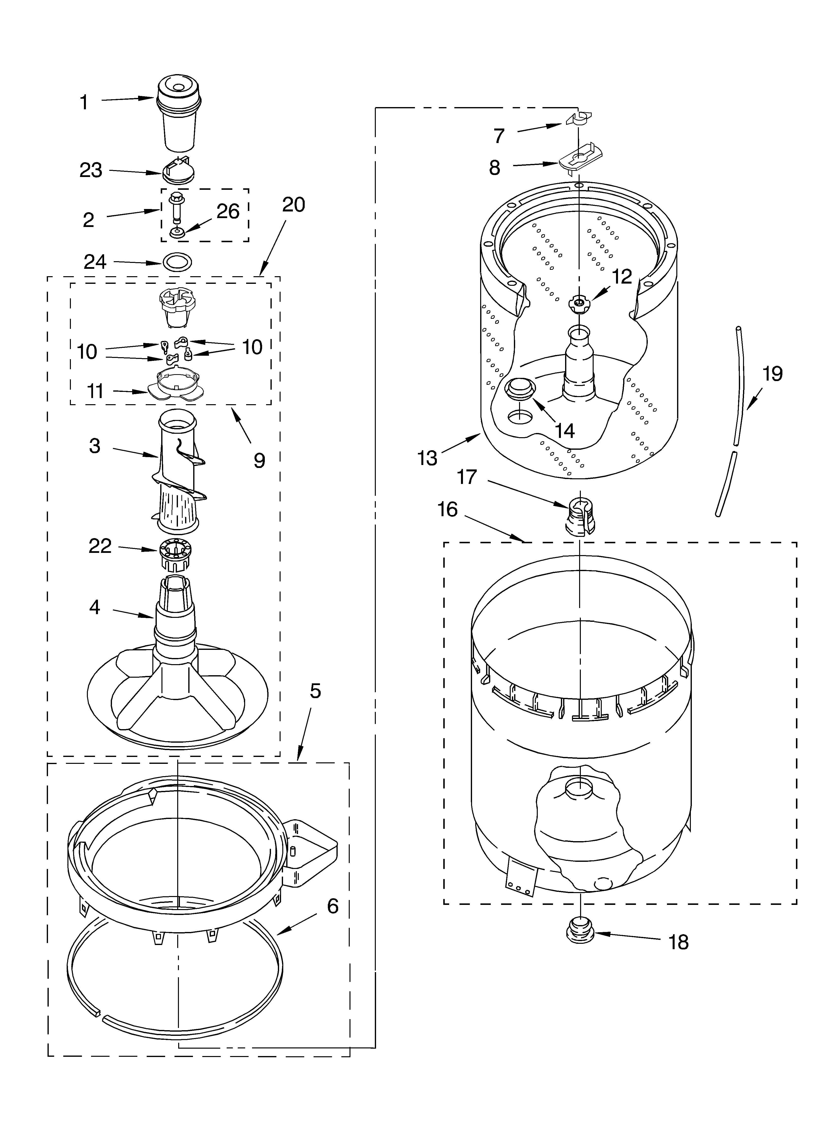 Agitator, basket and tub