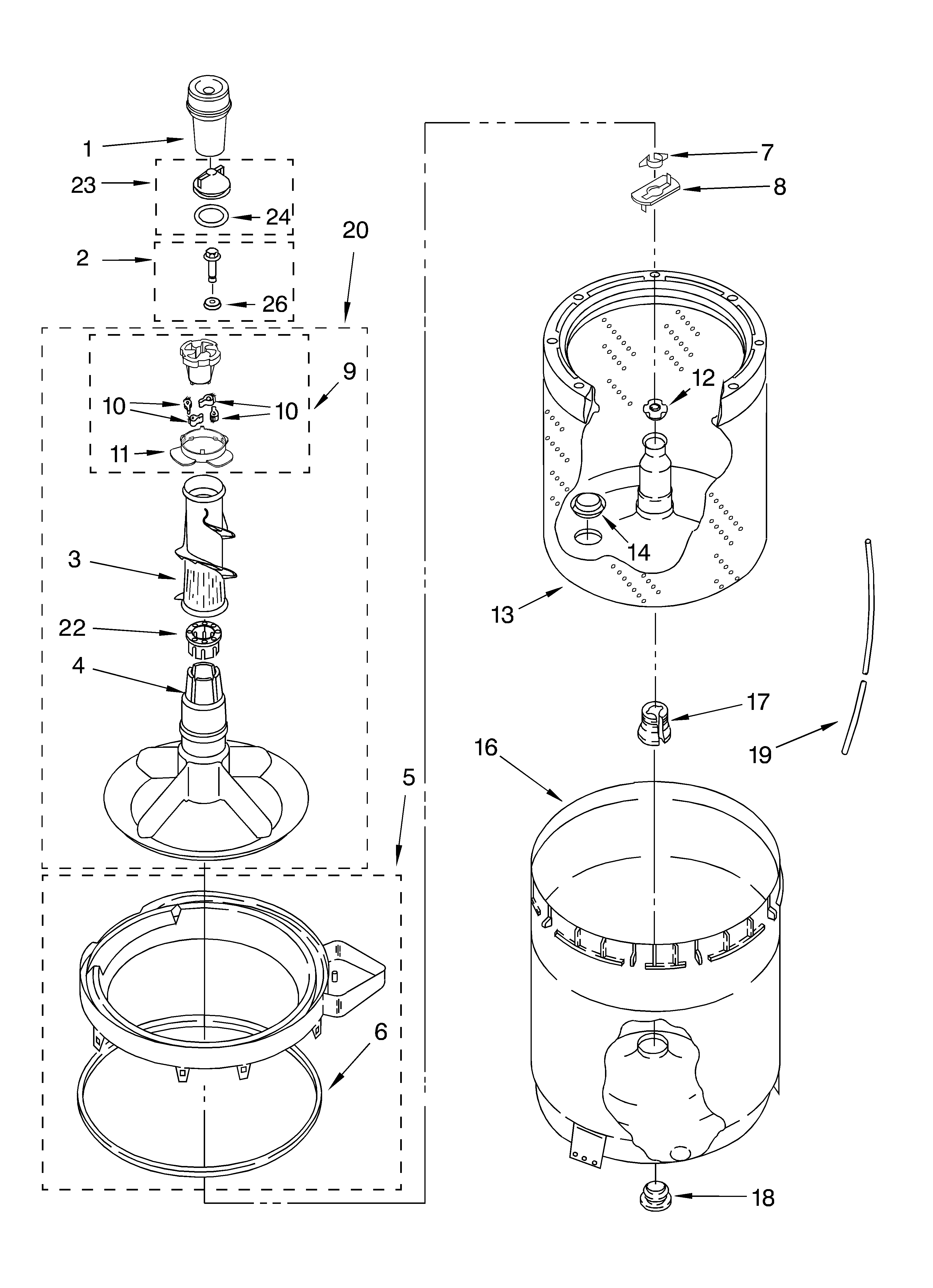Agitator, basket and tub