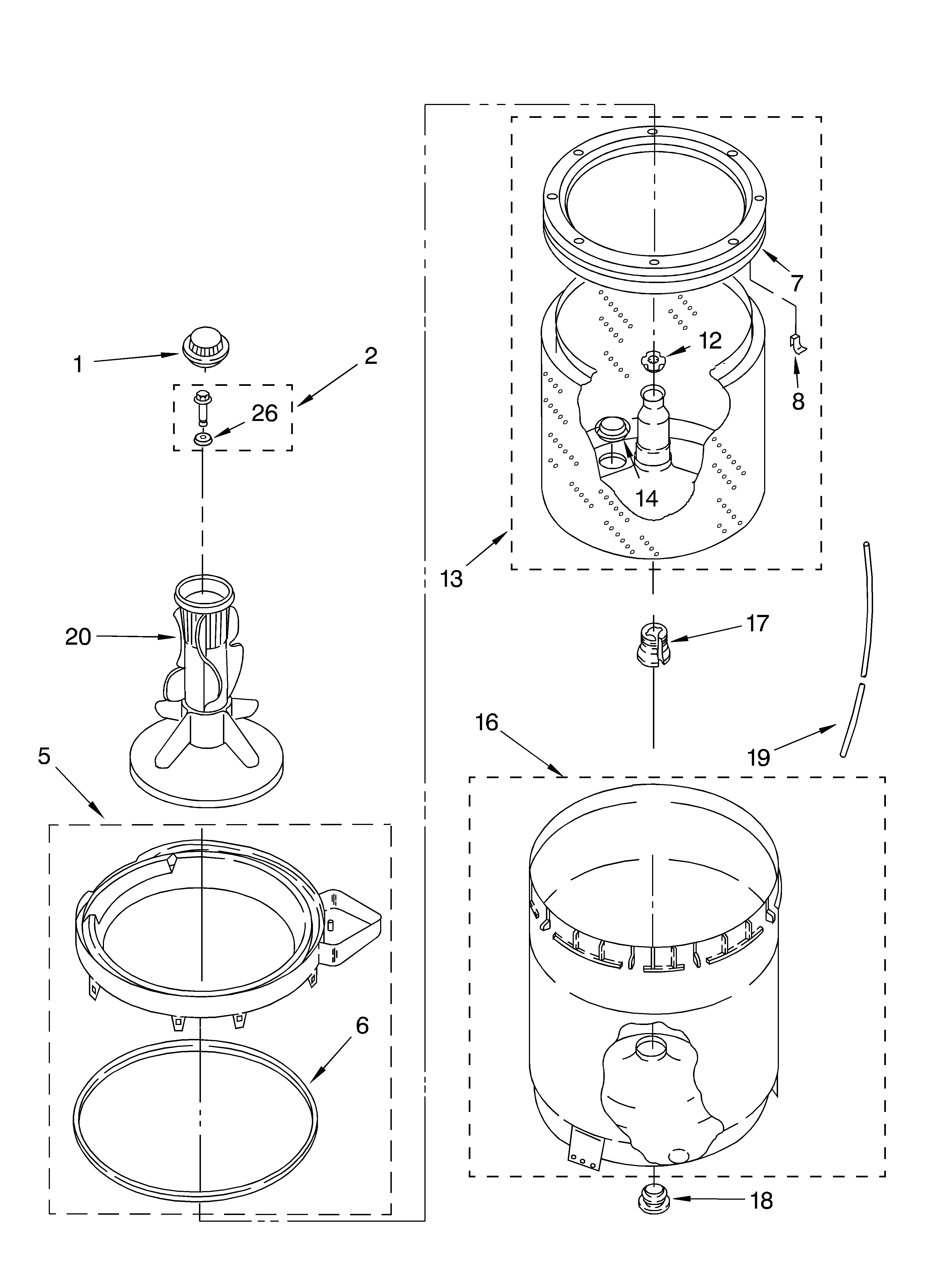 Agitator, basket and tub