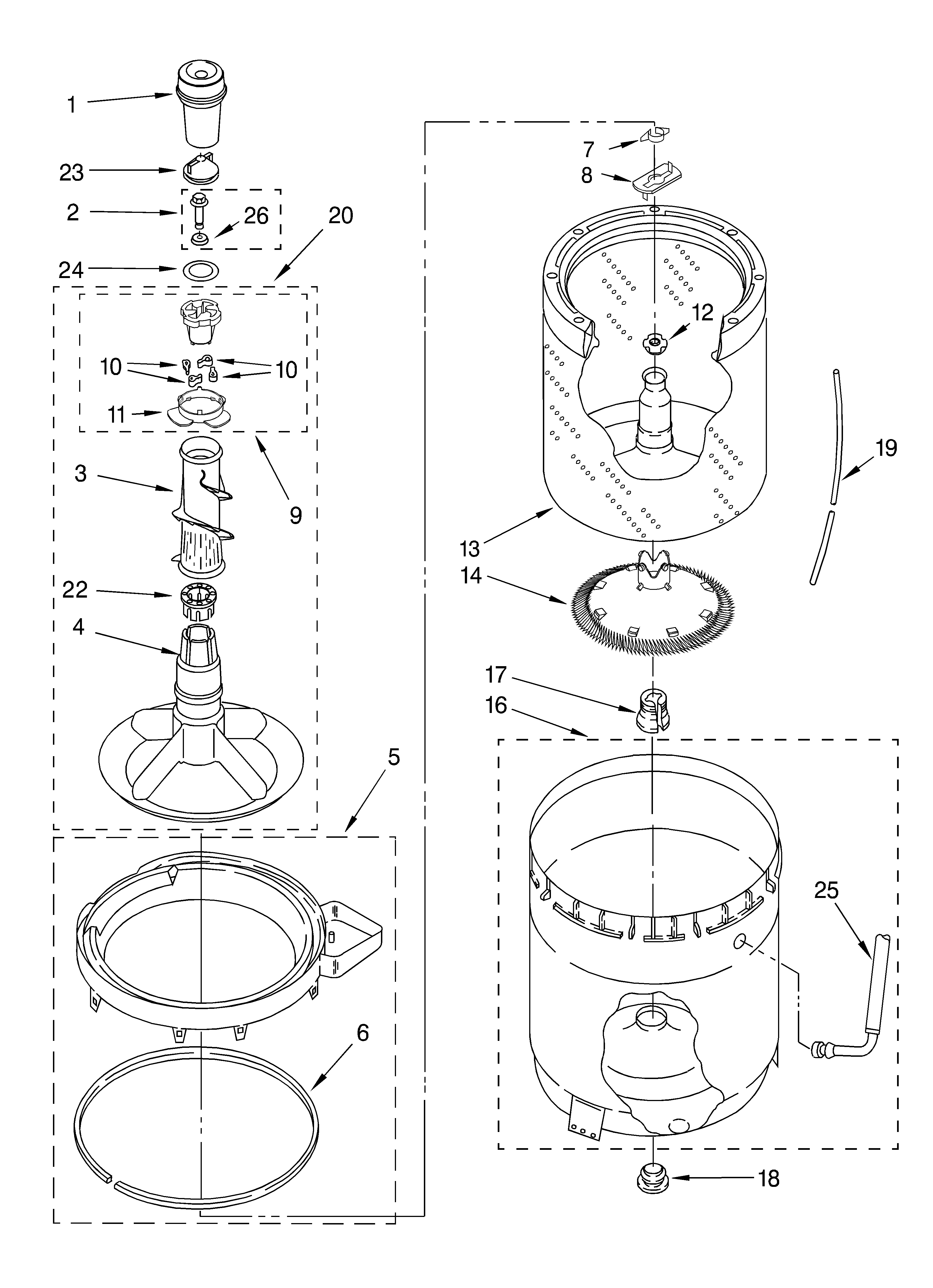 Agitator, basket, and tub