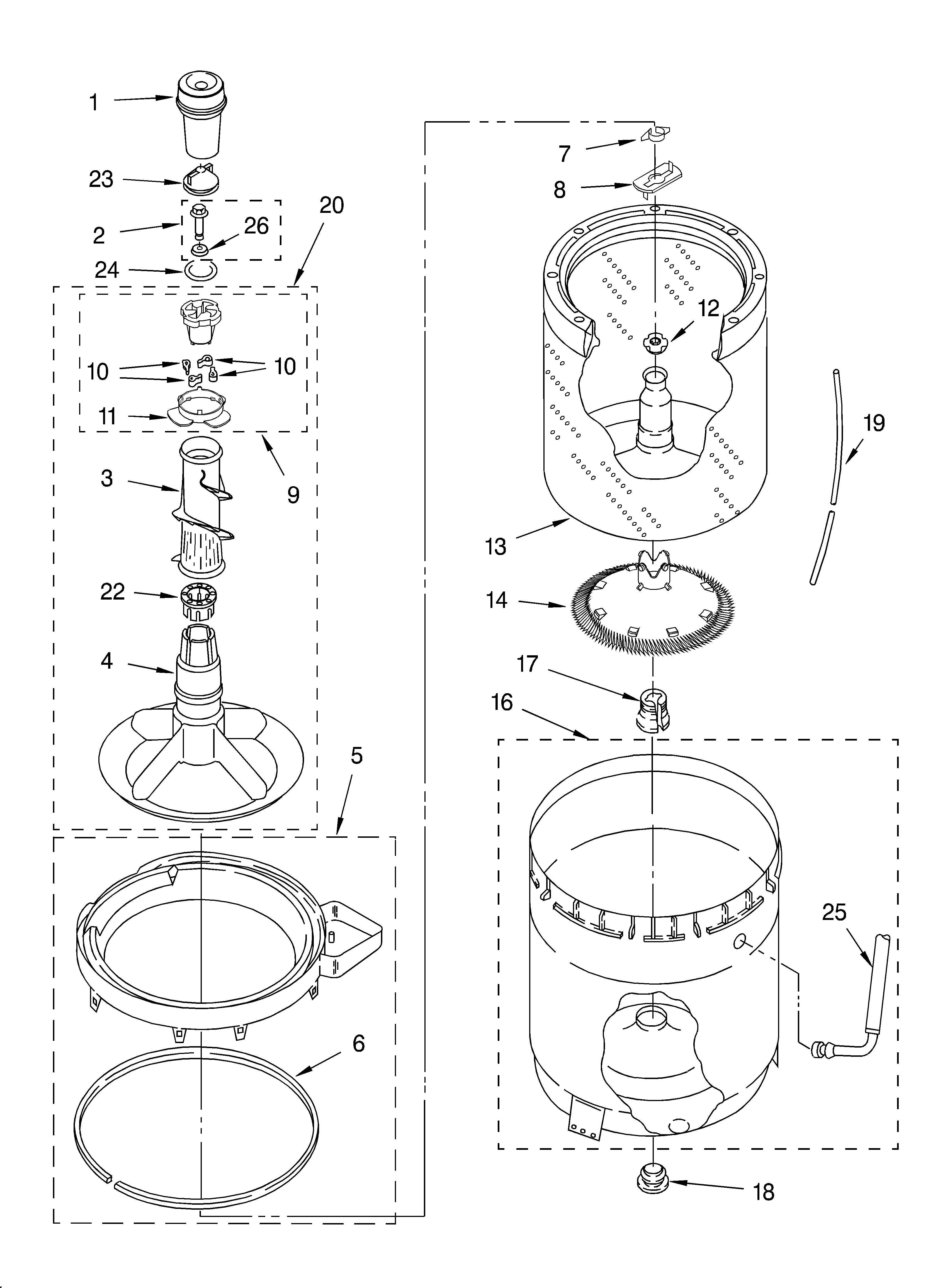 Agitator, basket and tub