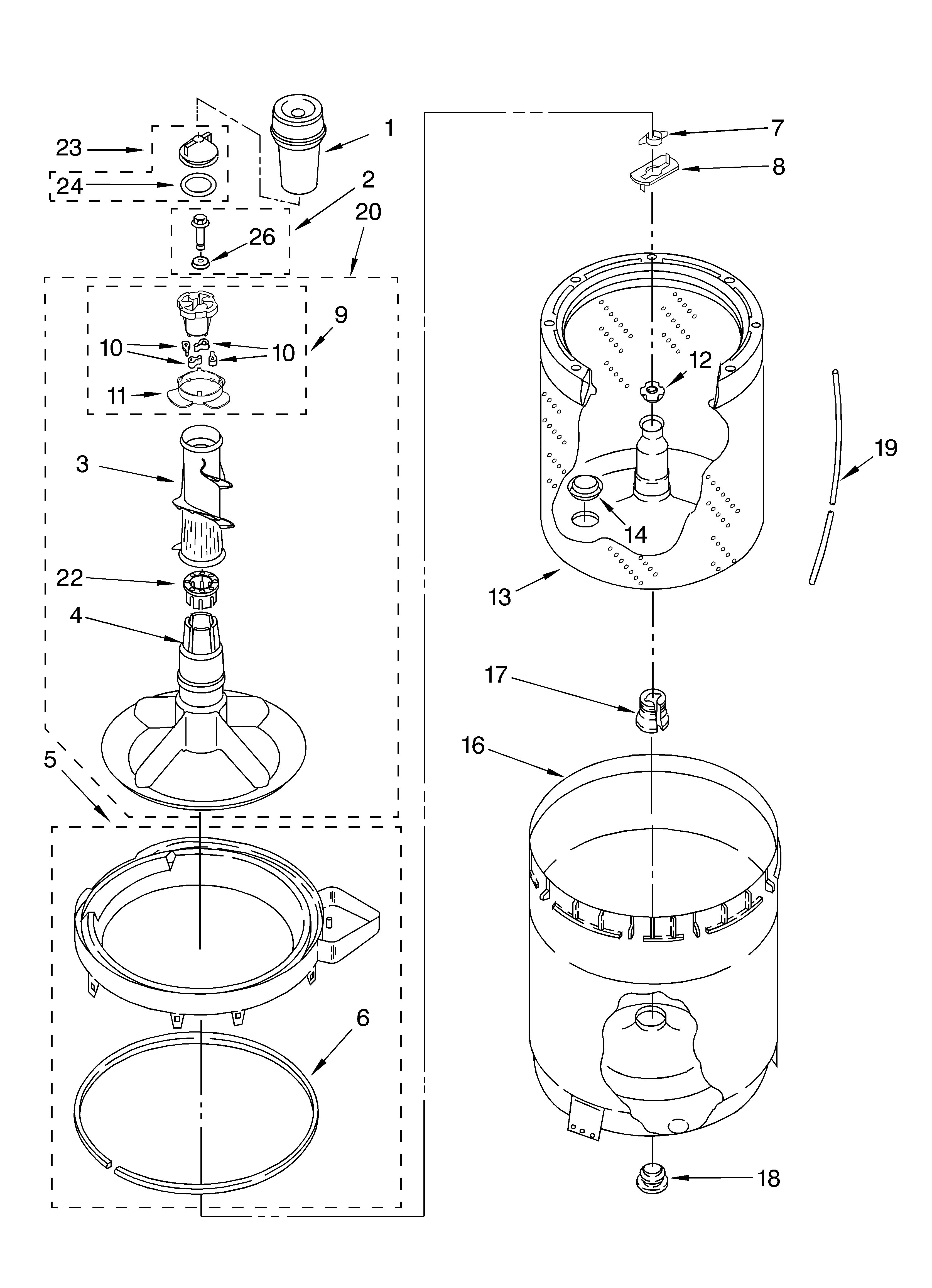 Agitator, basket, and tub