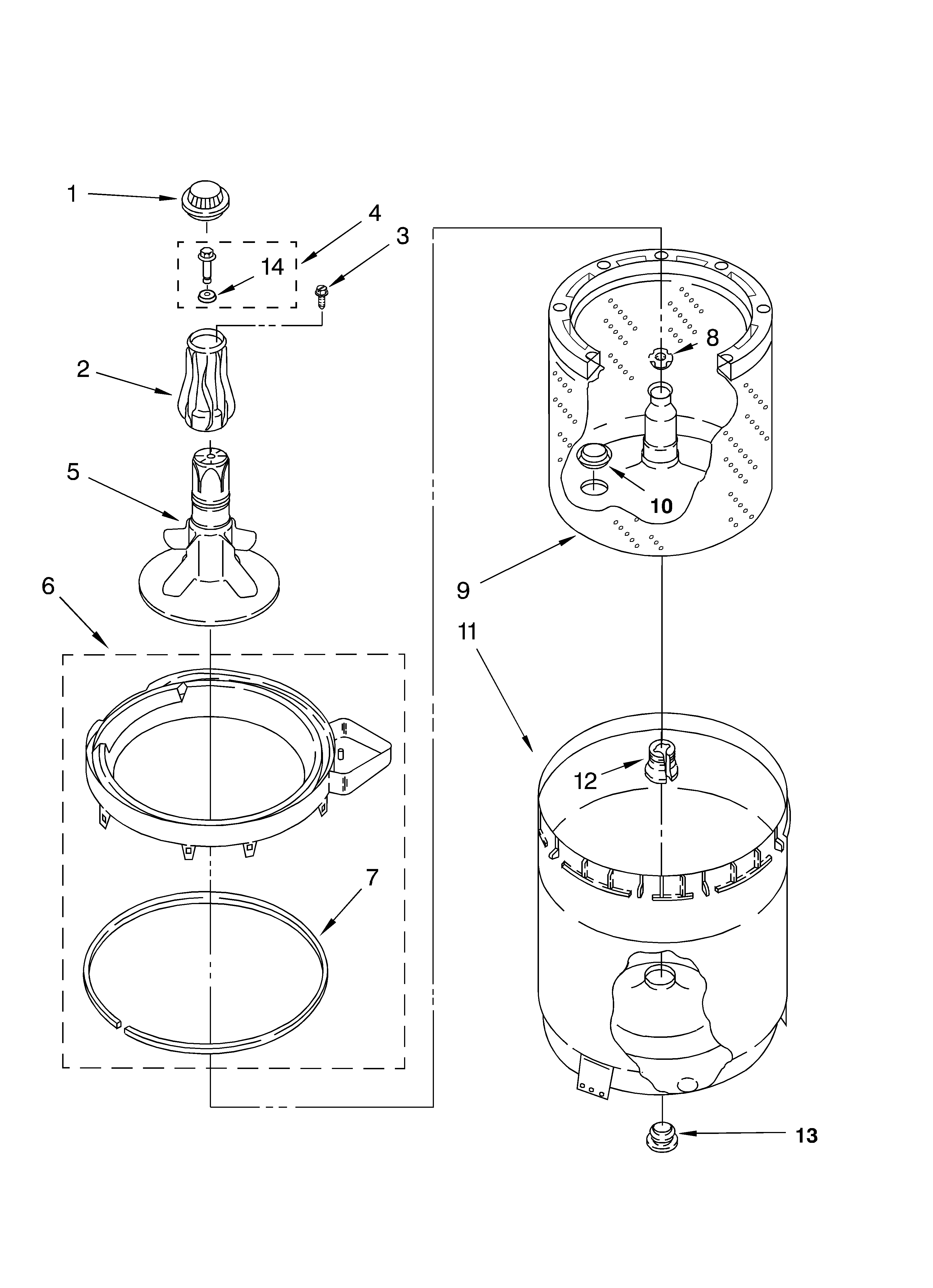 Agitator, basket and tub