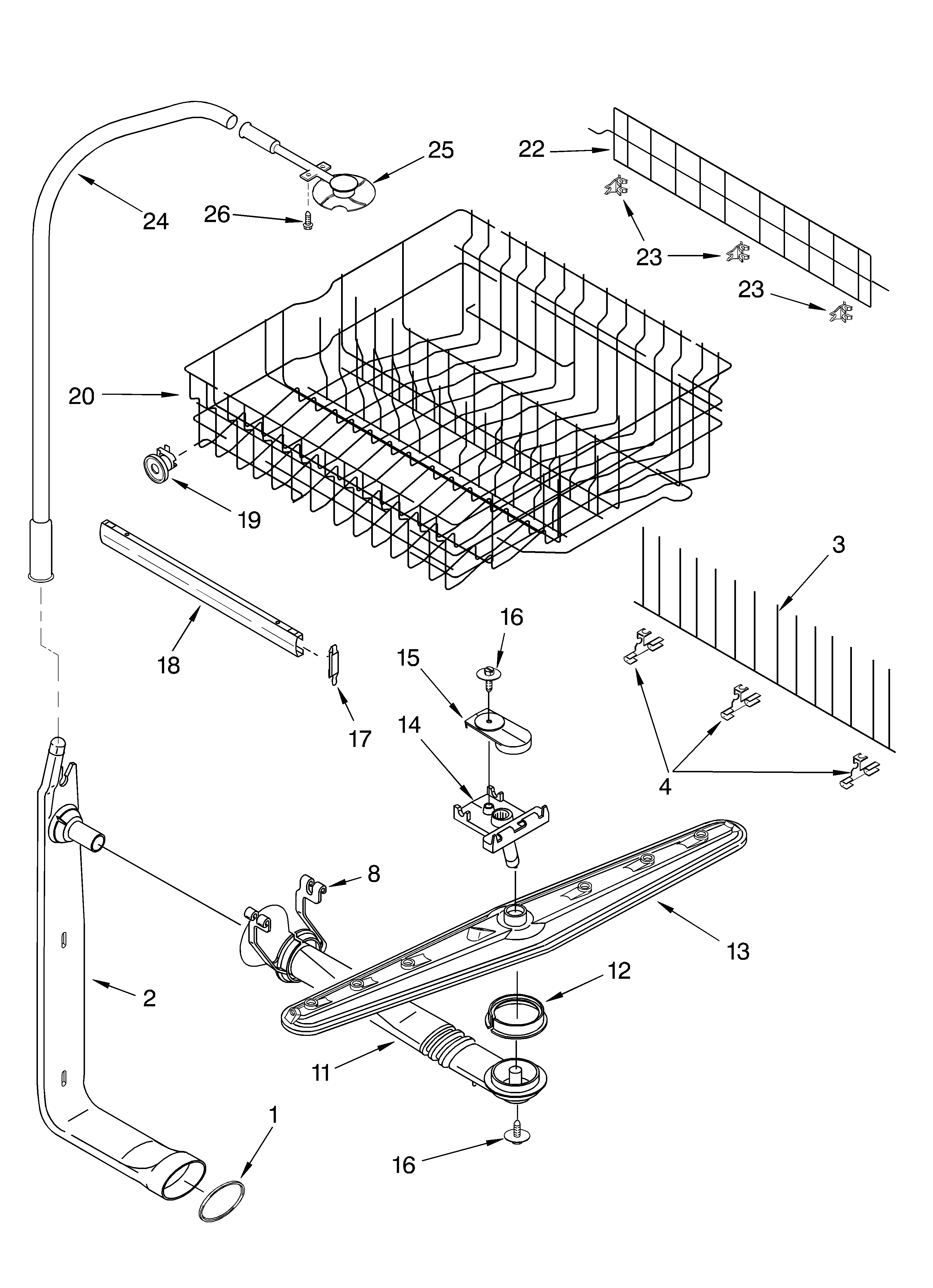 Upper dishrack and water feed