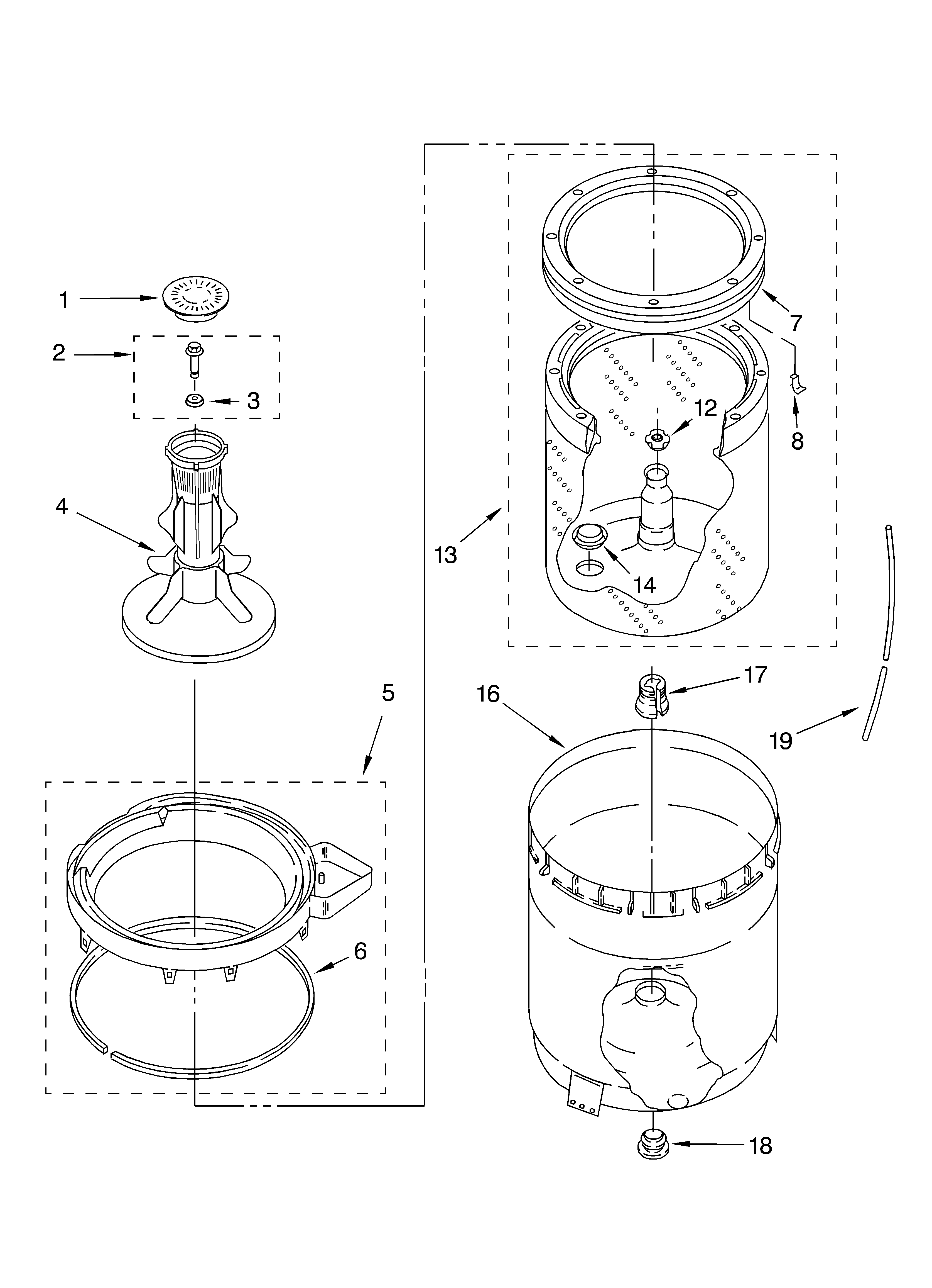 Agitator, basket and tub