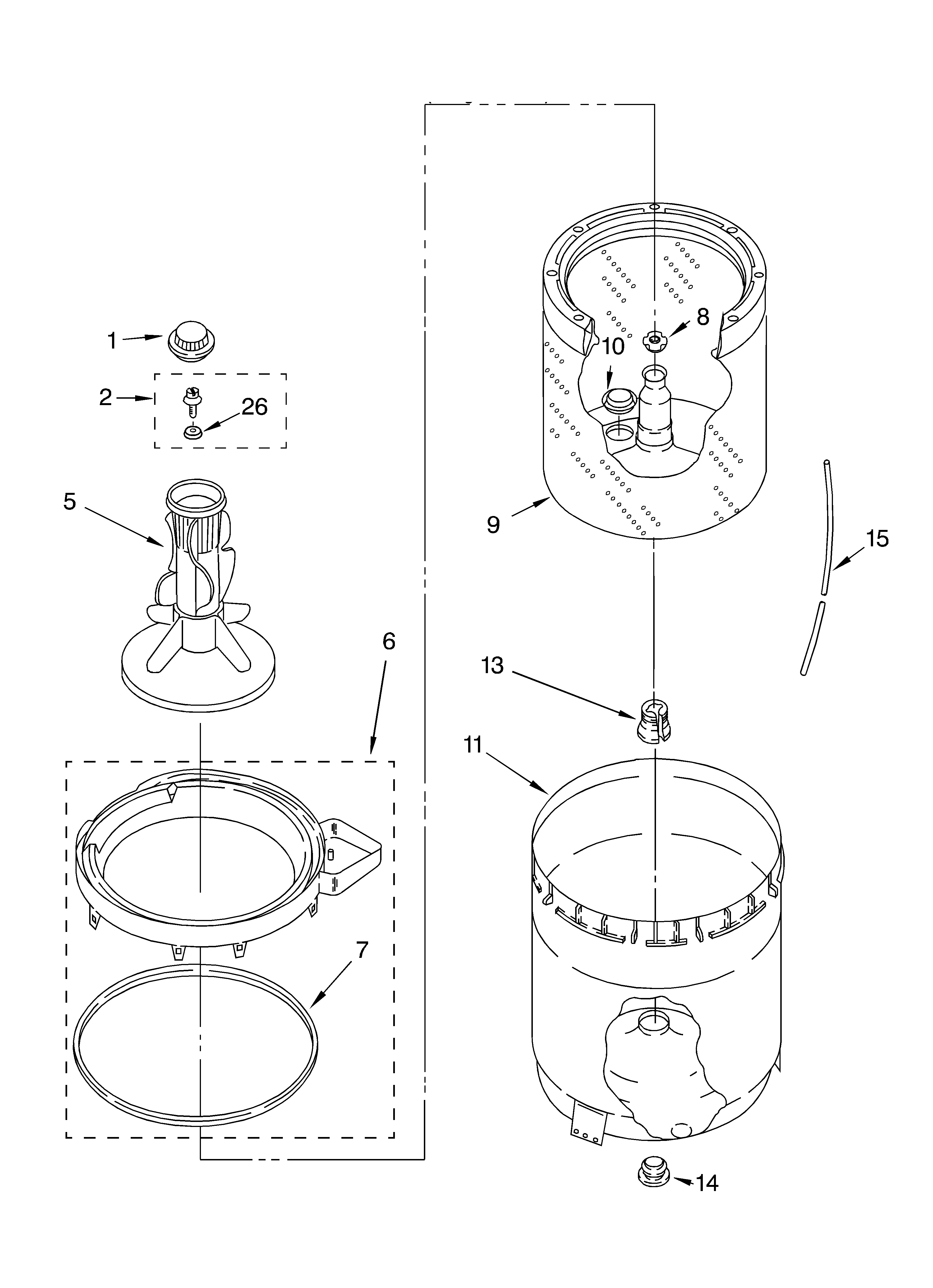 Agitator, basket and tub
