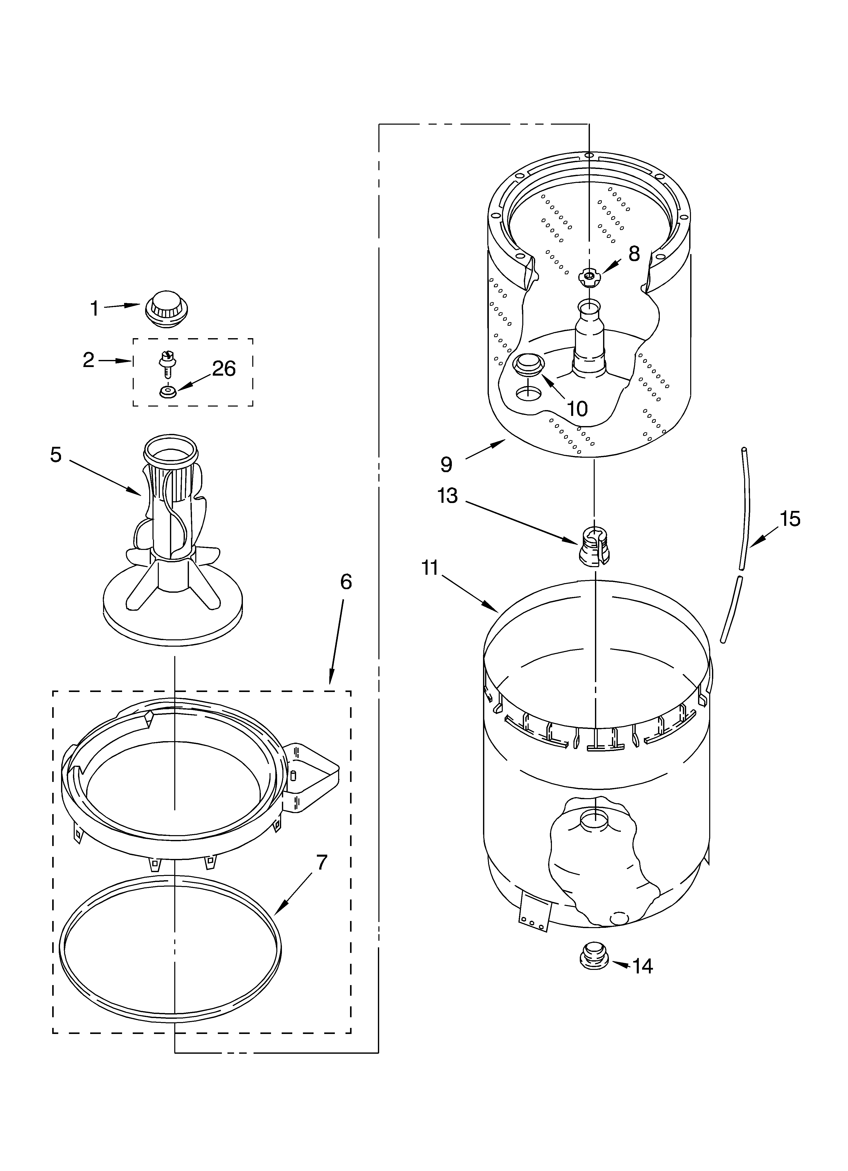 AGITATOR, BASKET AND TUB