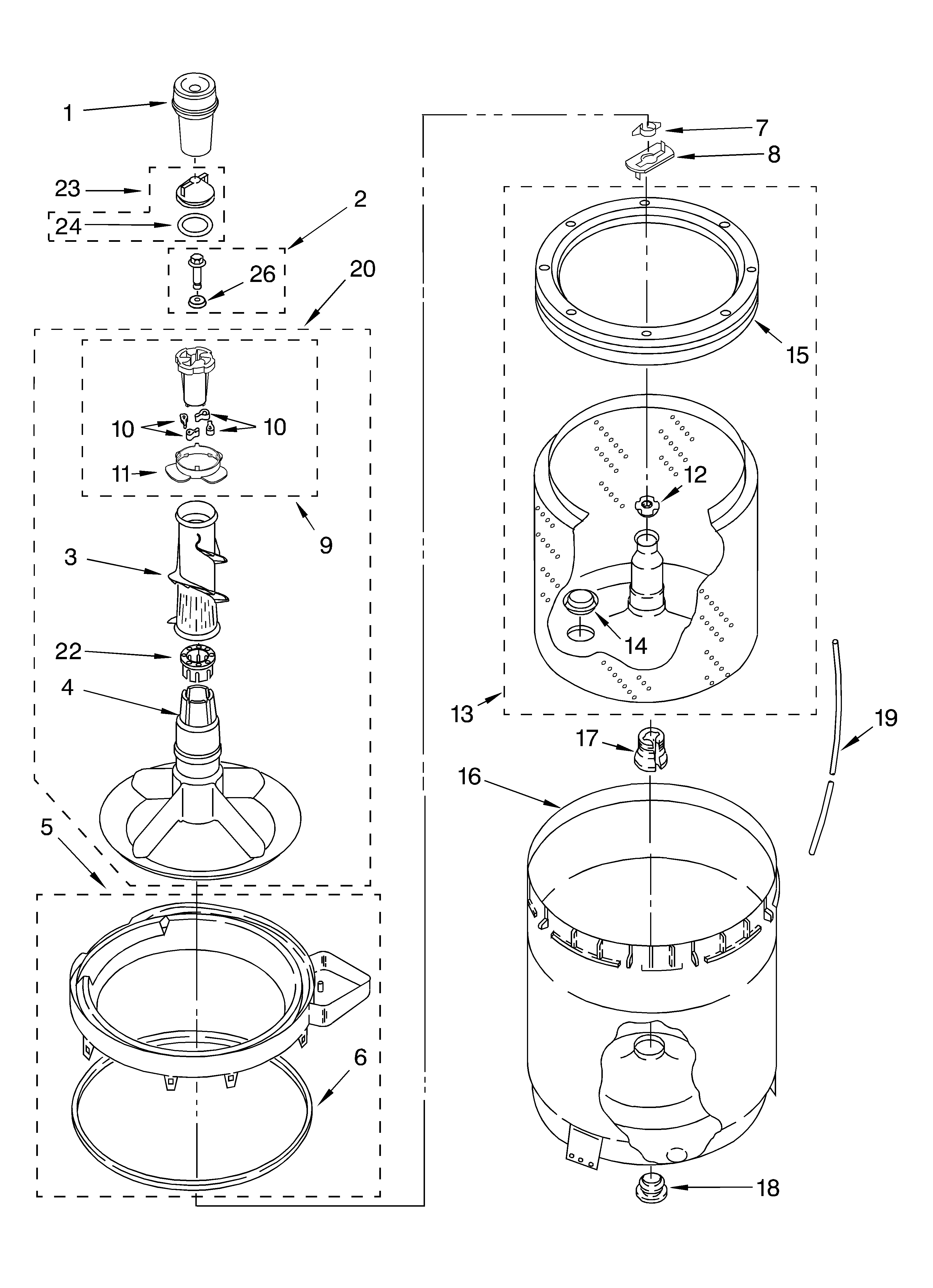 AGITATOR, BASKET AND TUB