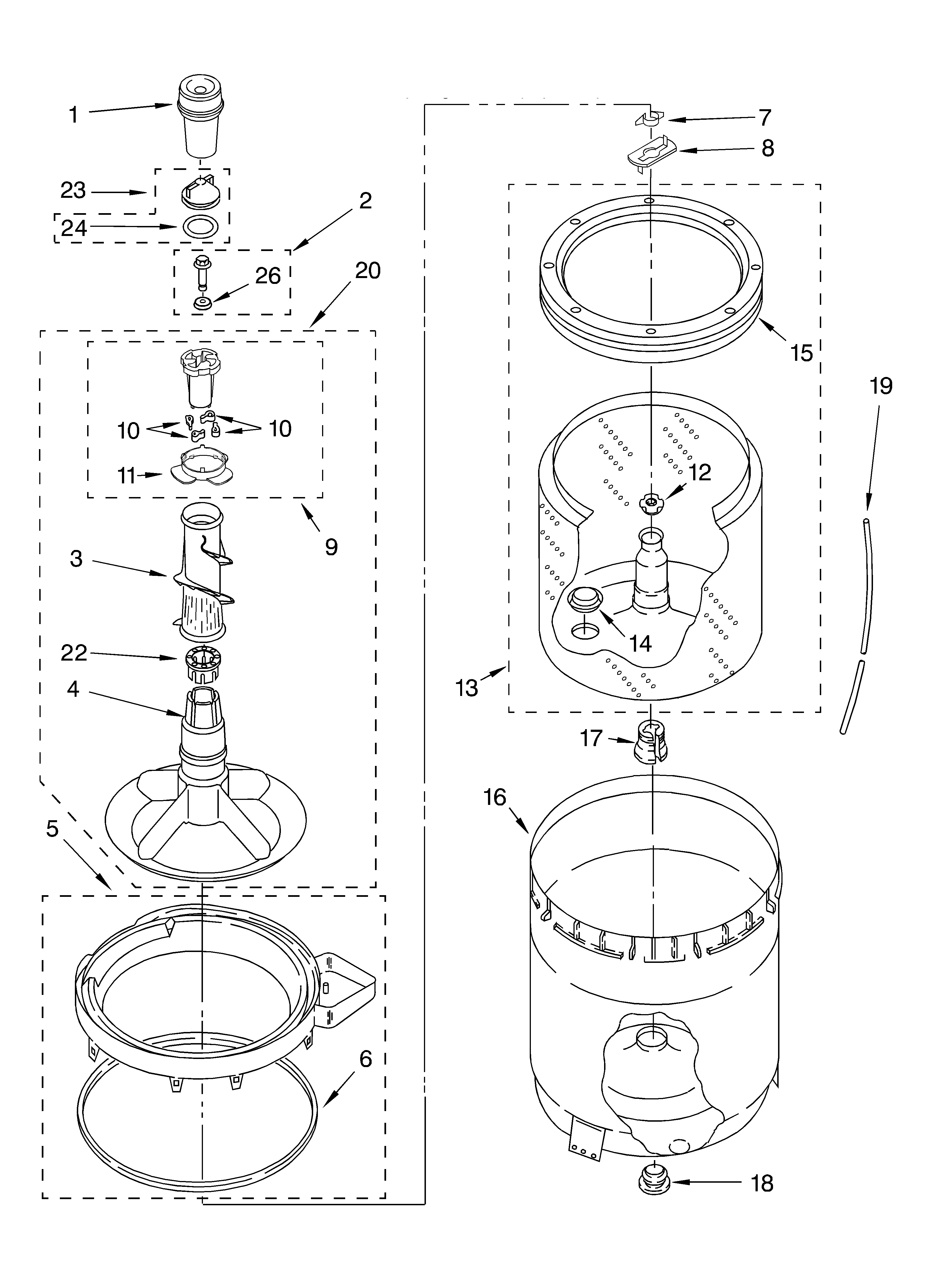 Agitator, basket and tub