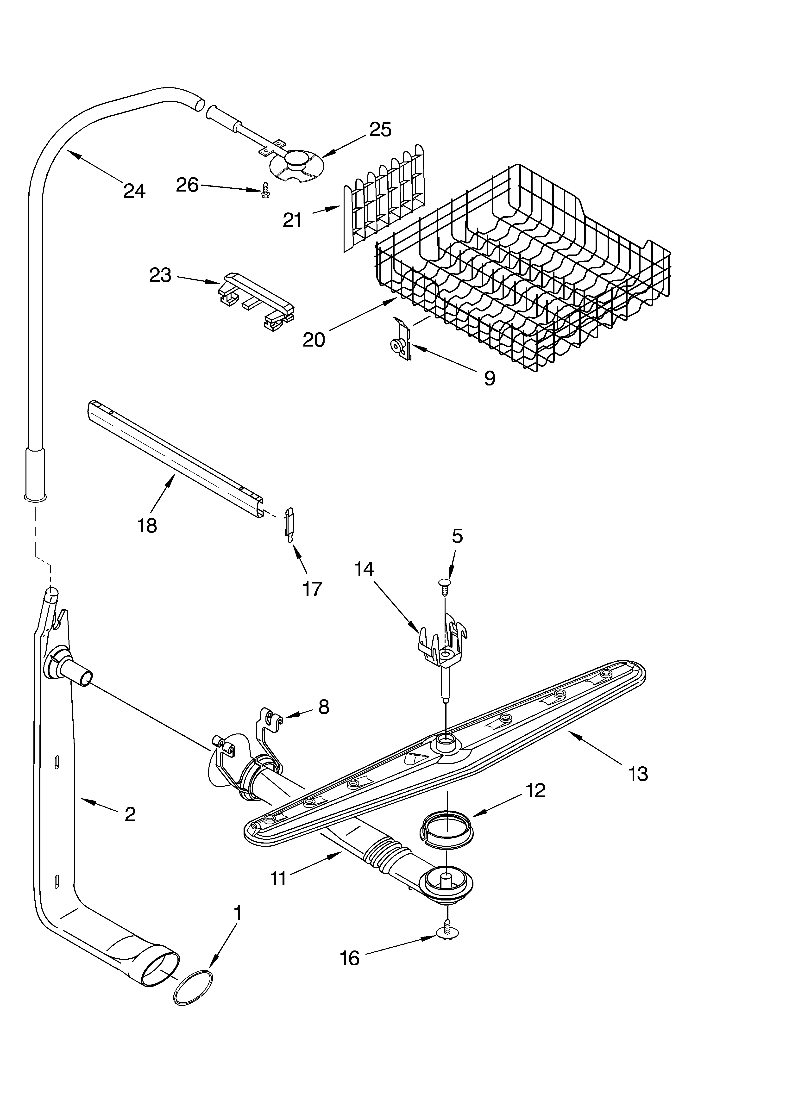 Upper dishrack and water feed