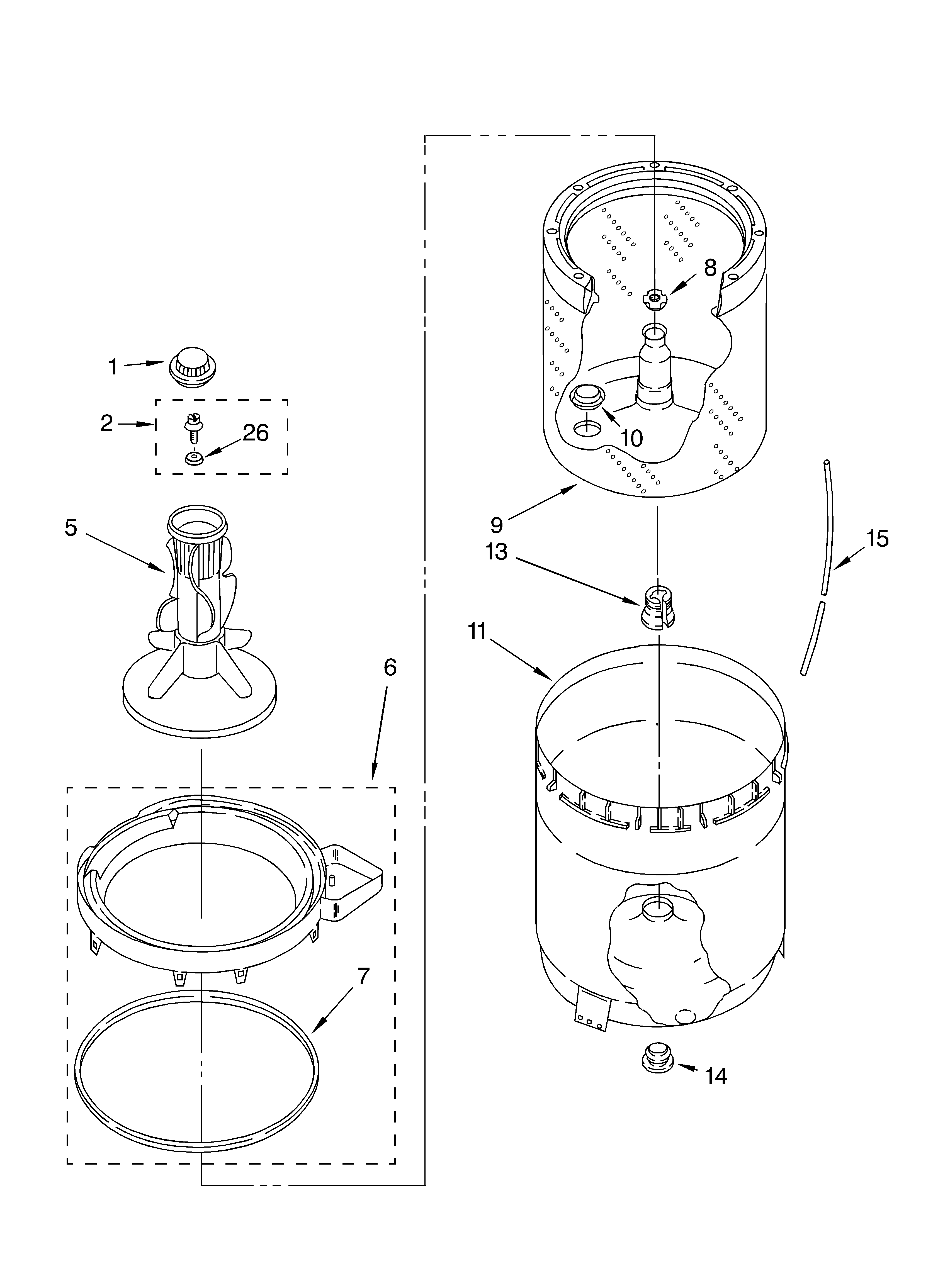 AGITATOR, BASKET AND TUB