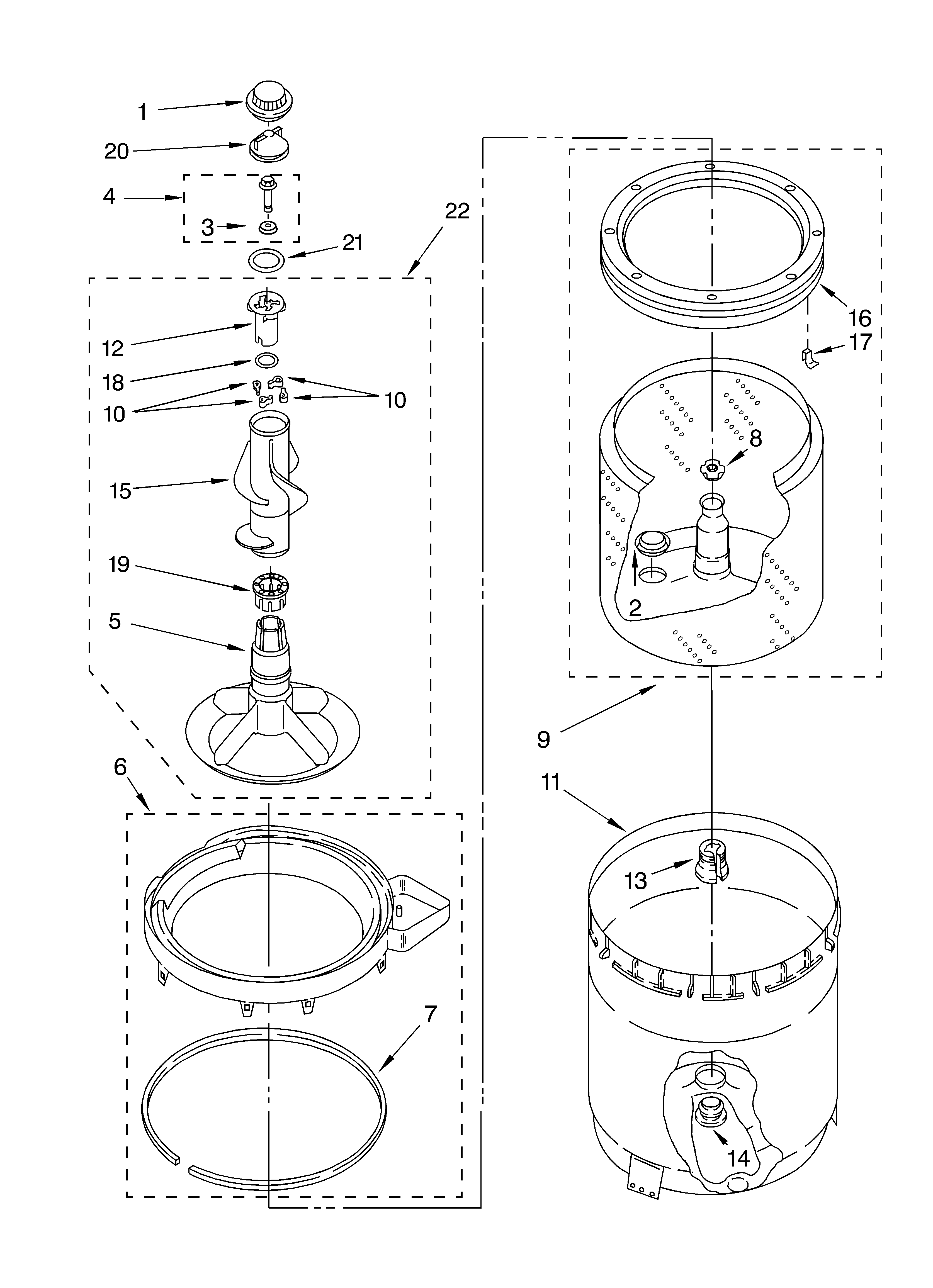 Agitator, basket and tube