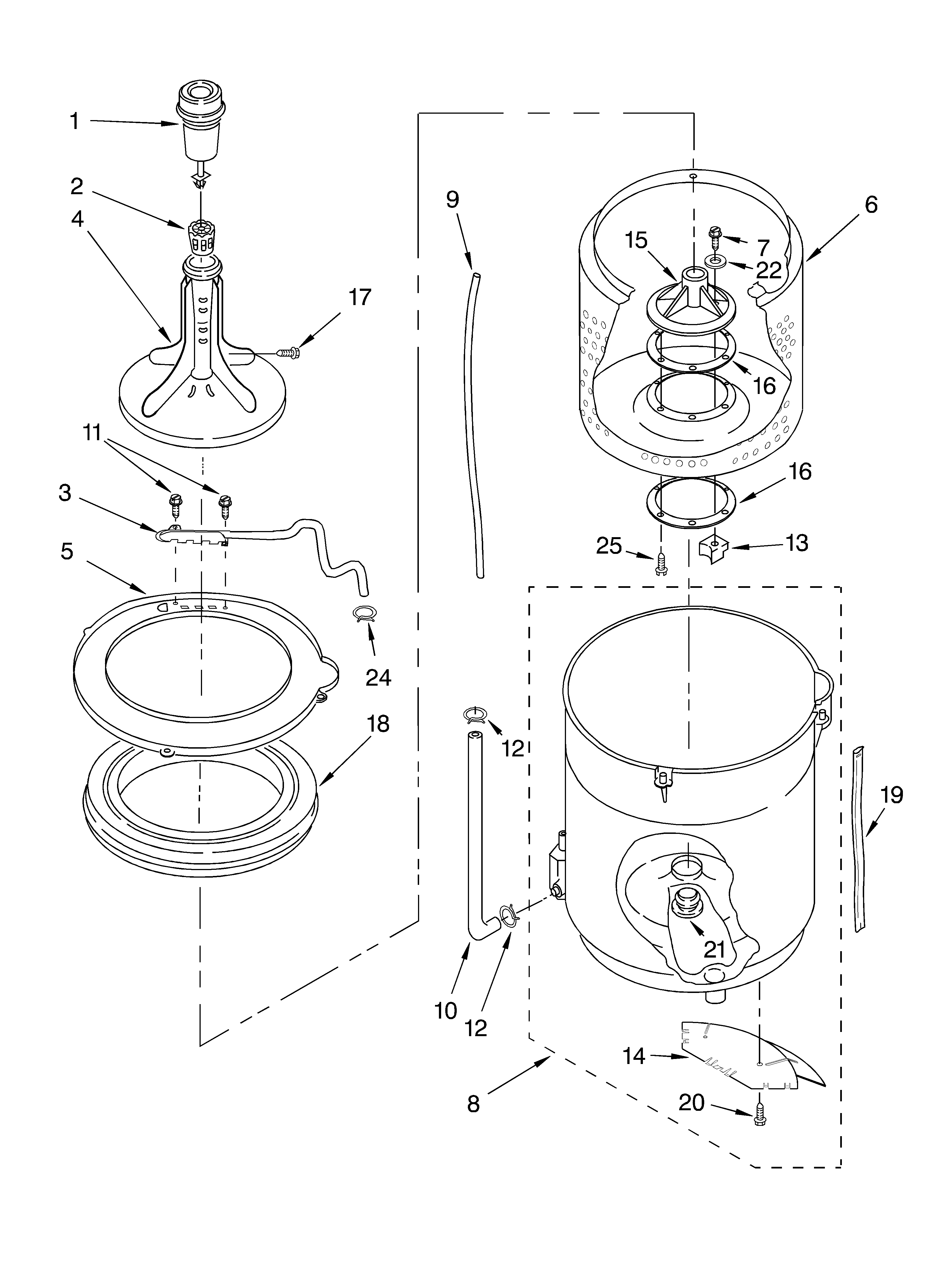 AGITATOR, BASKET AND TUB