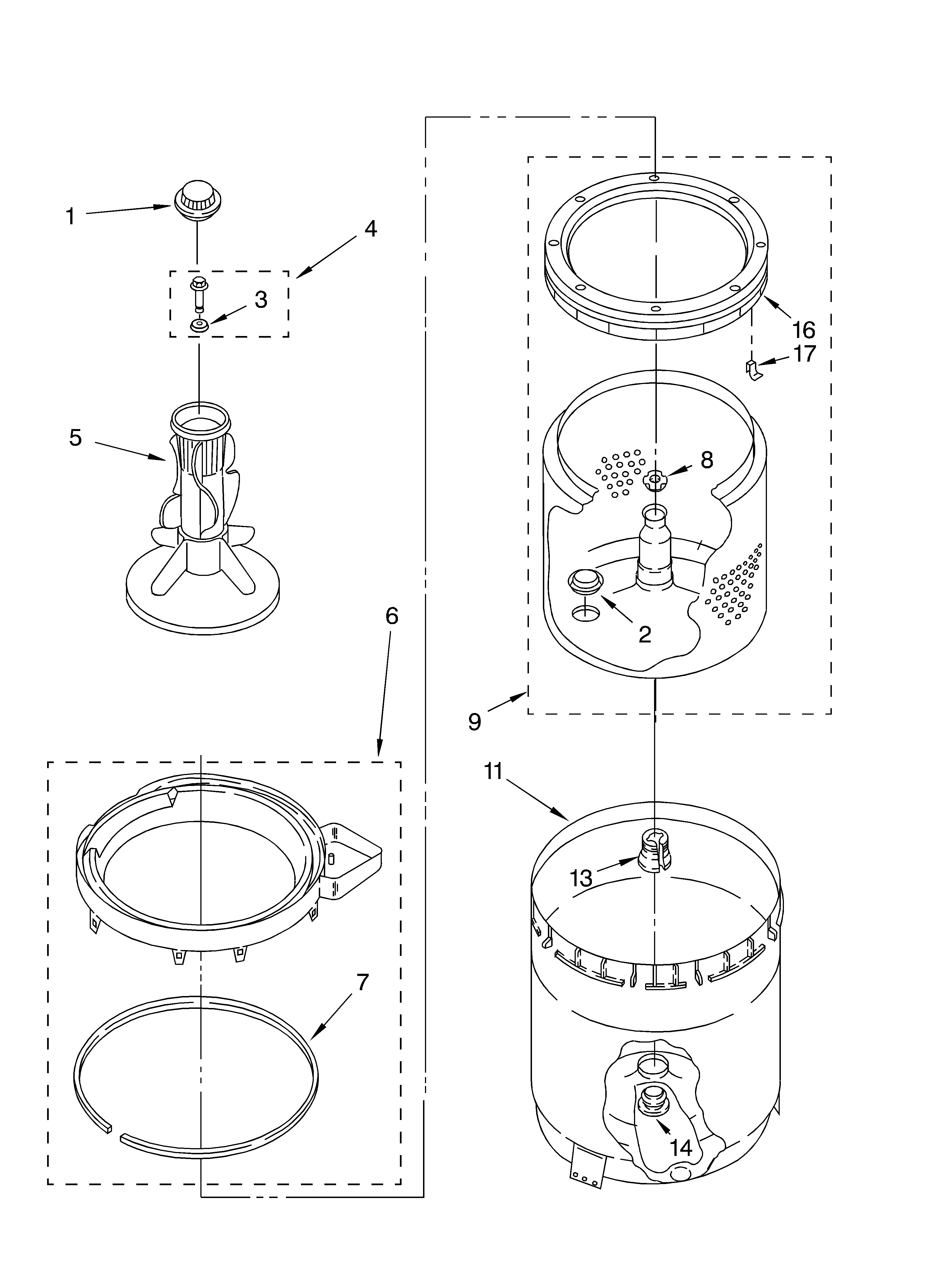 Agitator, basket and tub