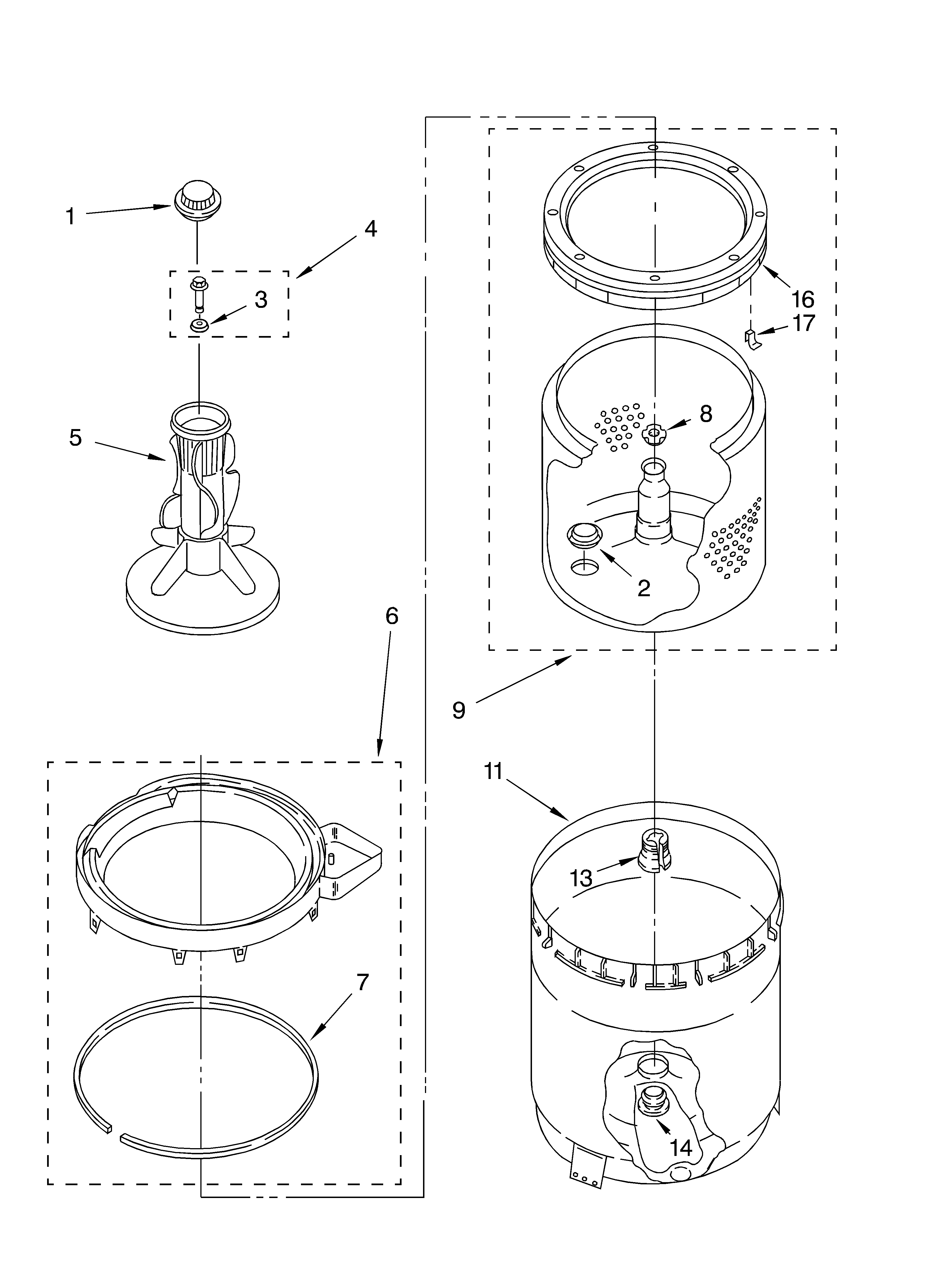 Agitator, basket and tub