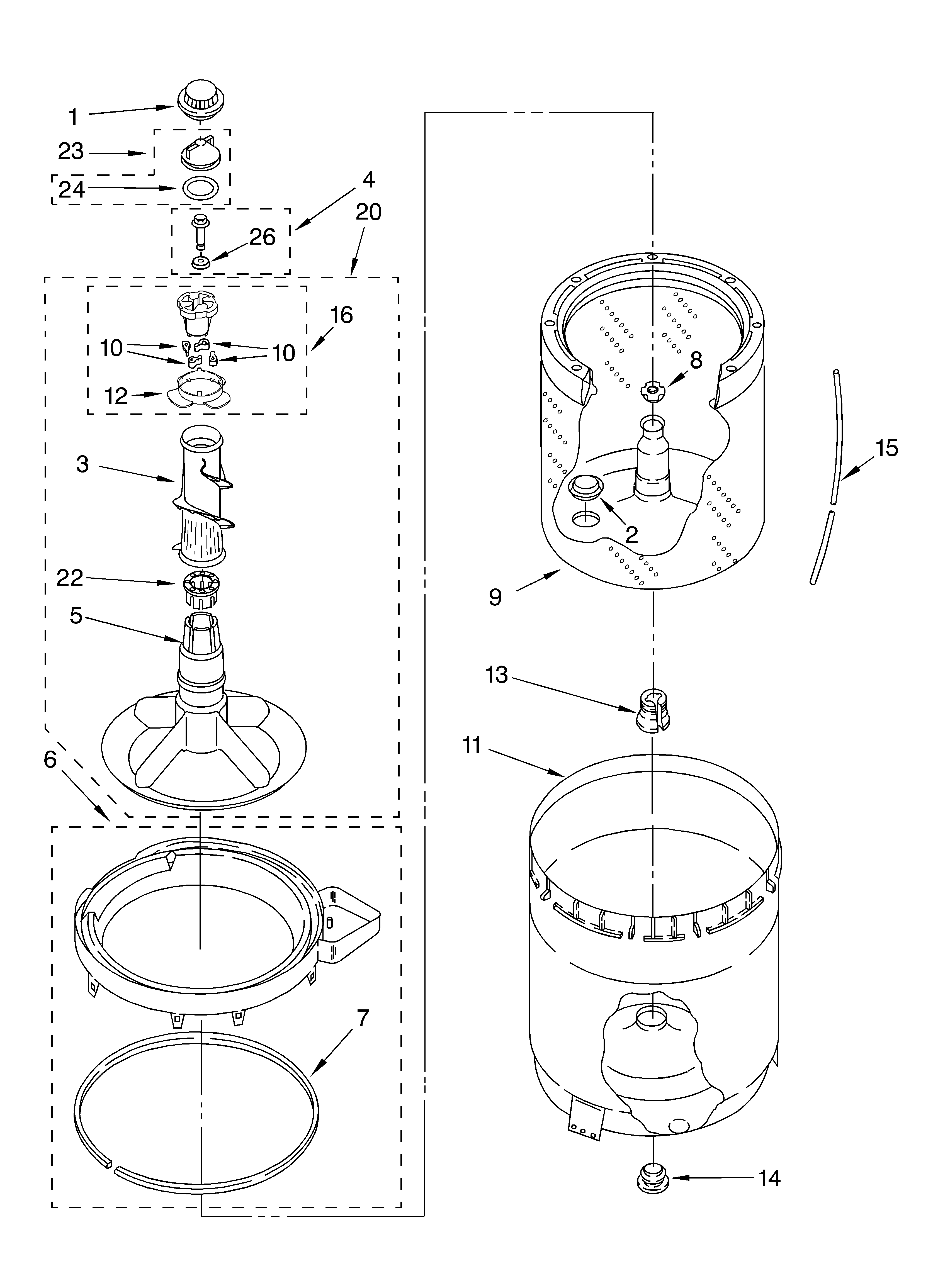 Agitator, basket and tub