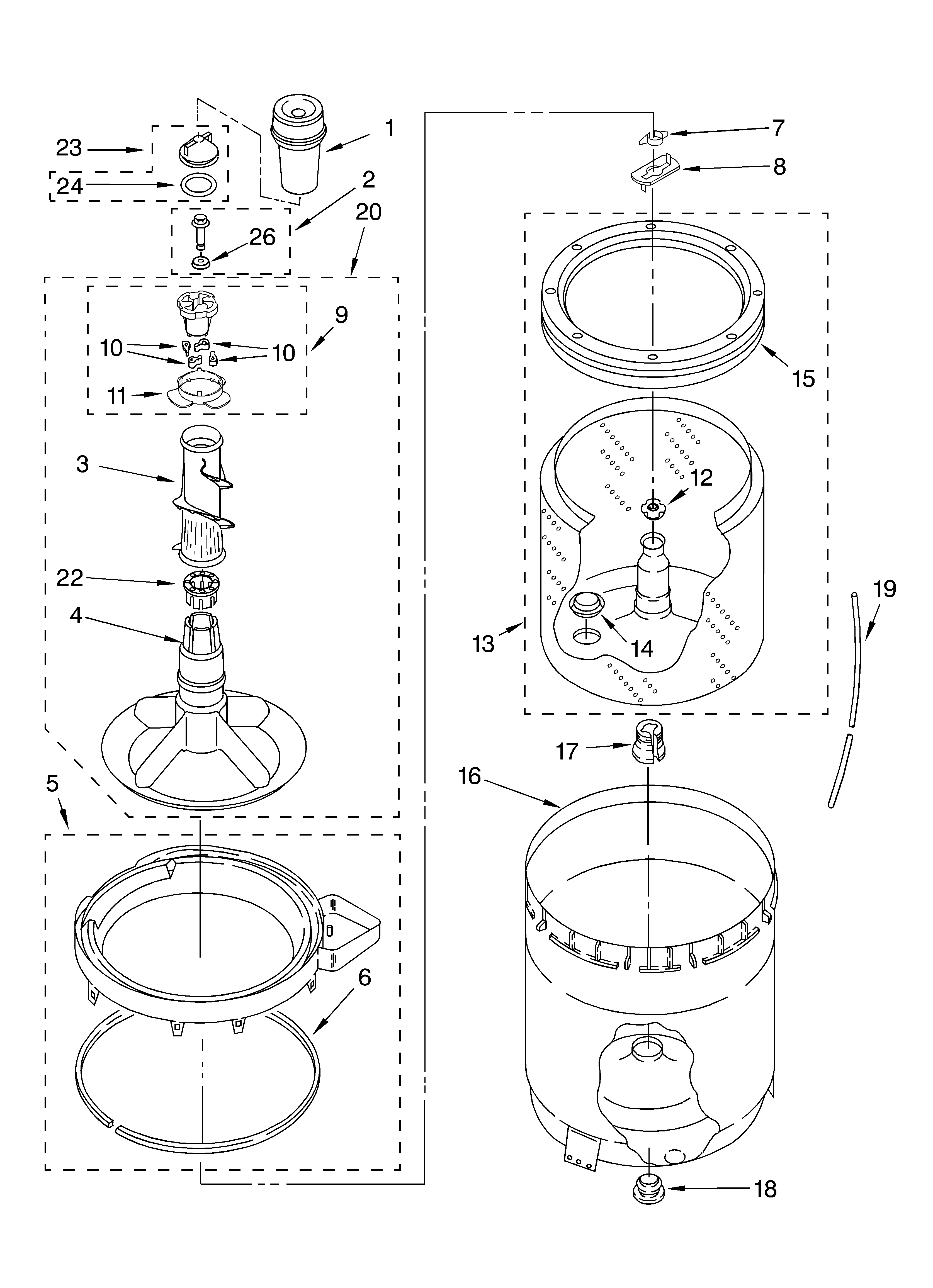 Agitator, basket and tub
