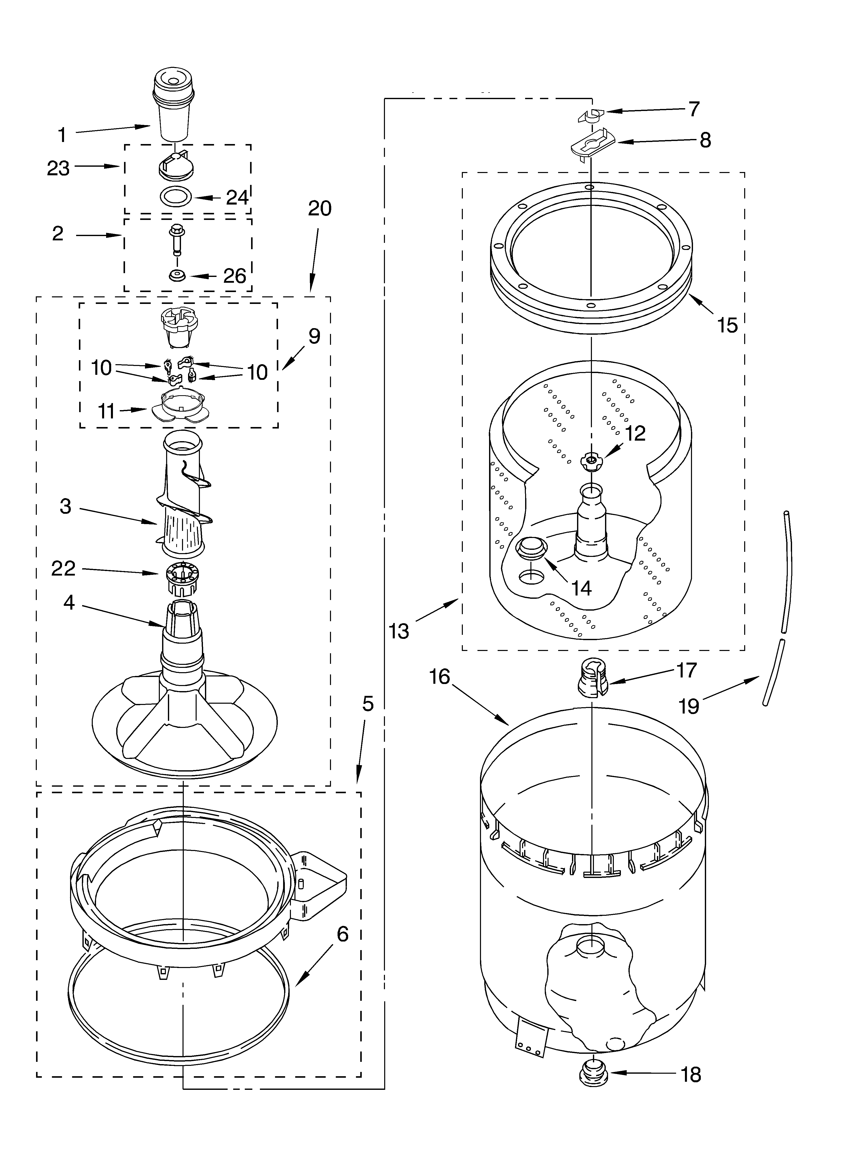 Agitator, basket and tub
