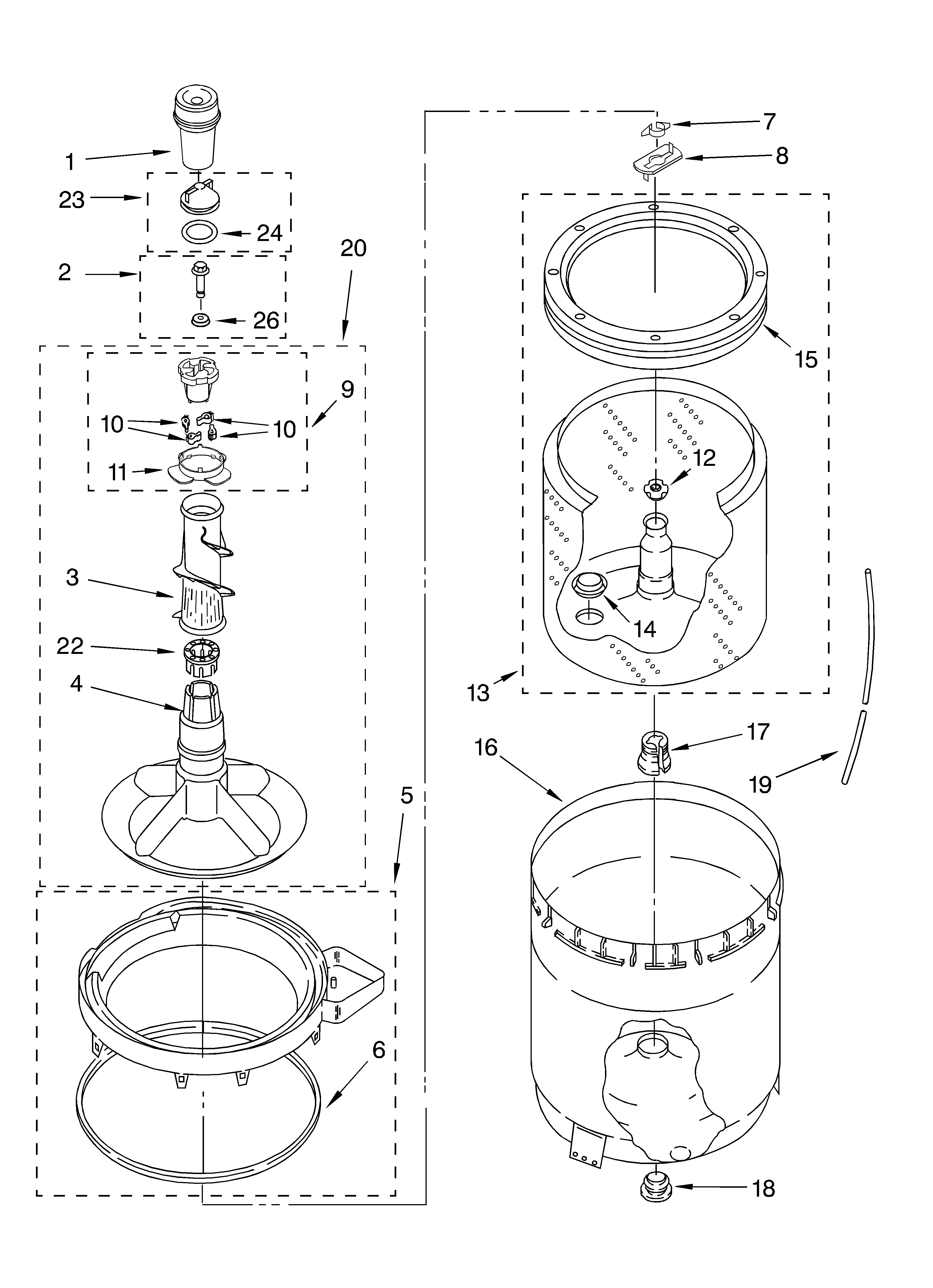 Agitator, basket and tub