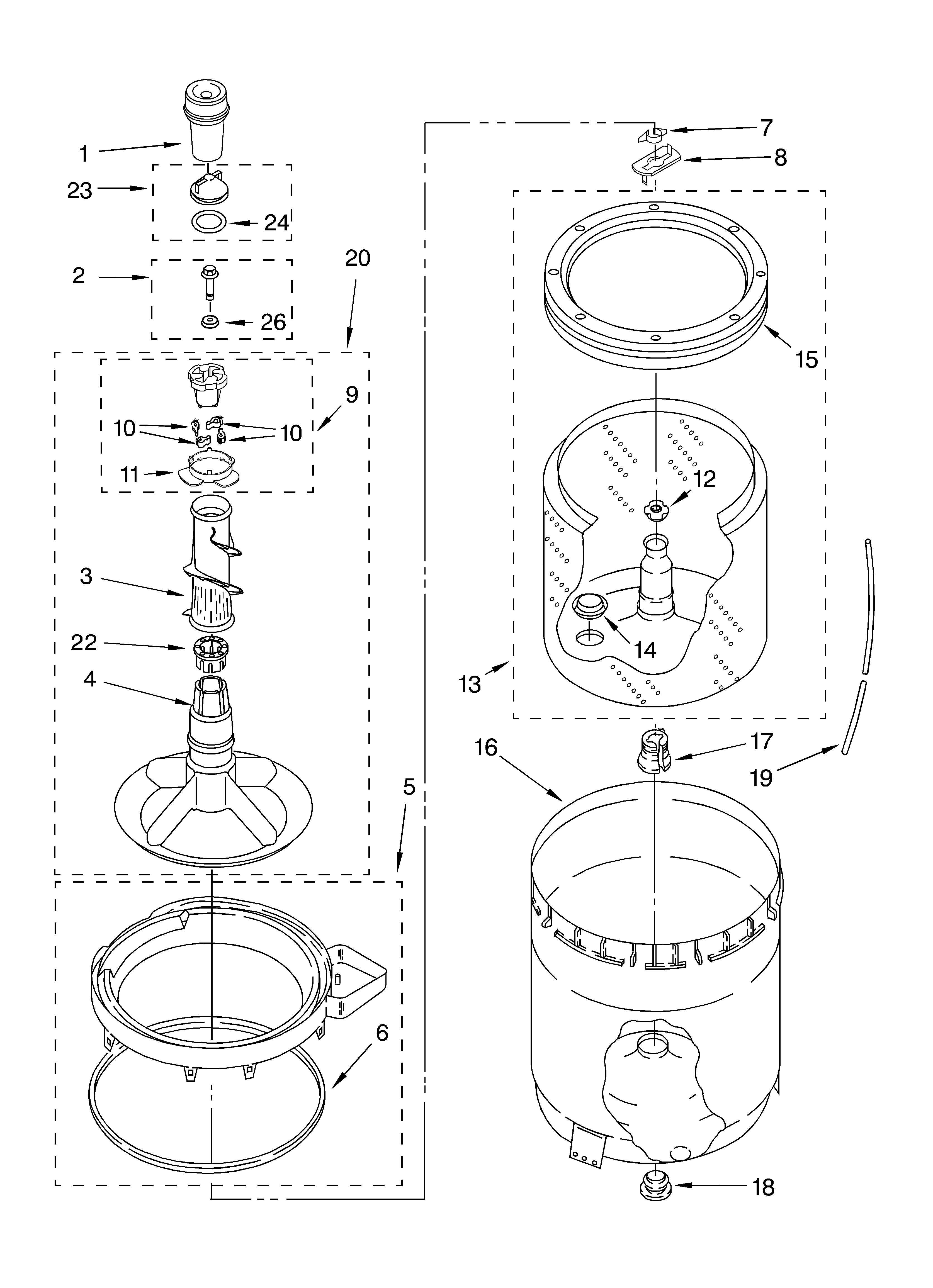 Agitator, basket and tub