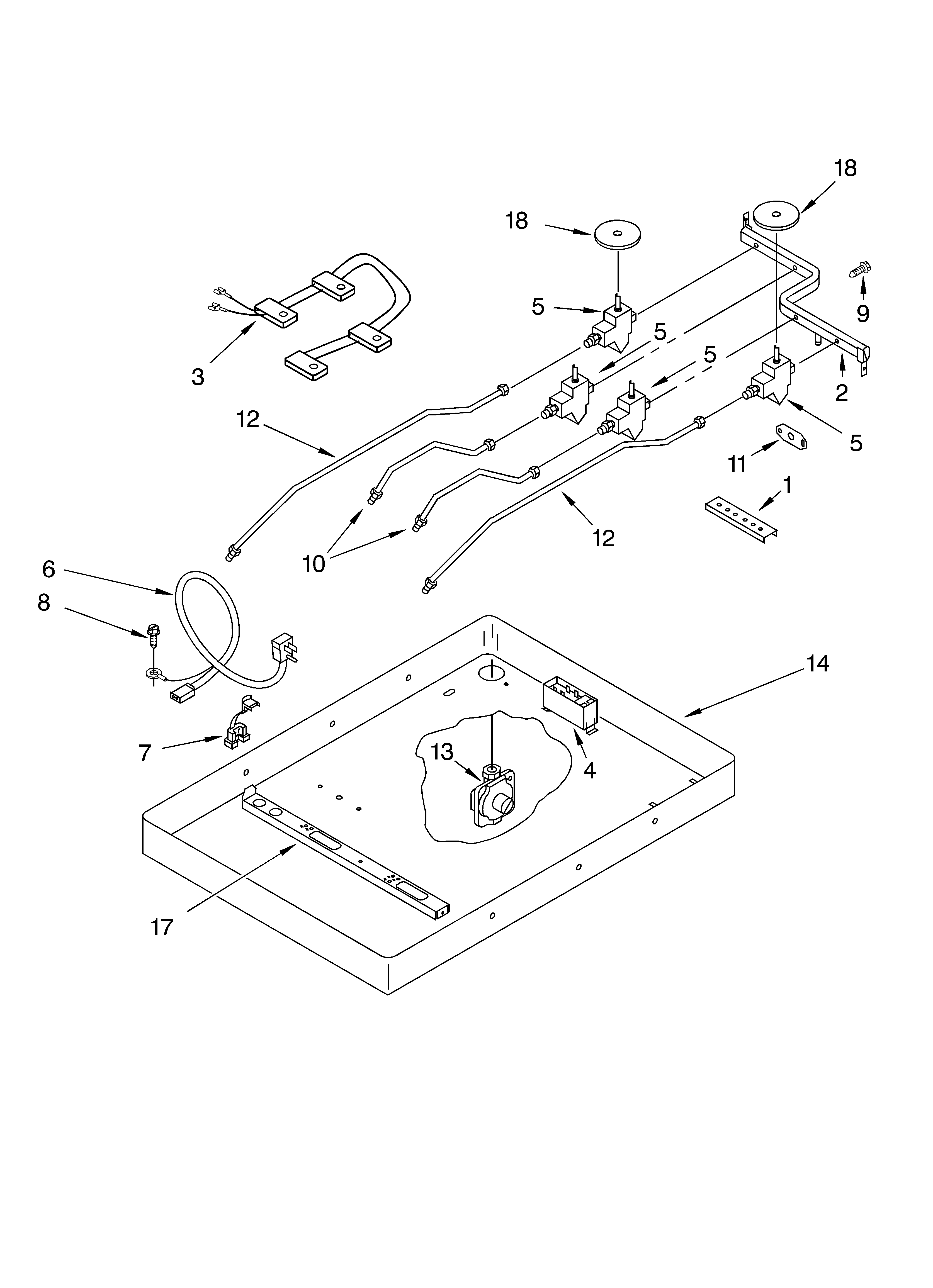 Burner box, gas valves, and switches