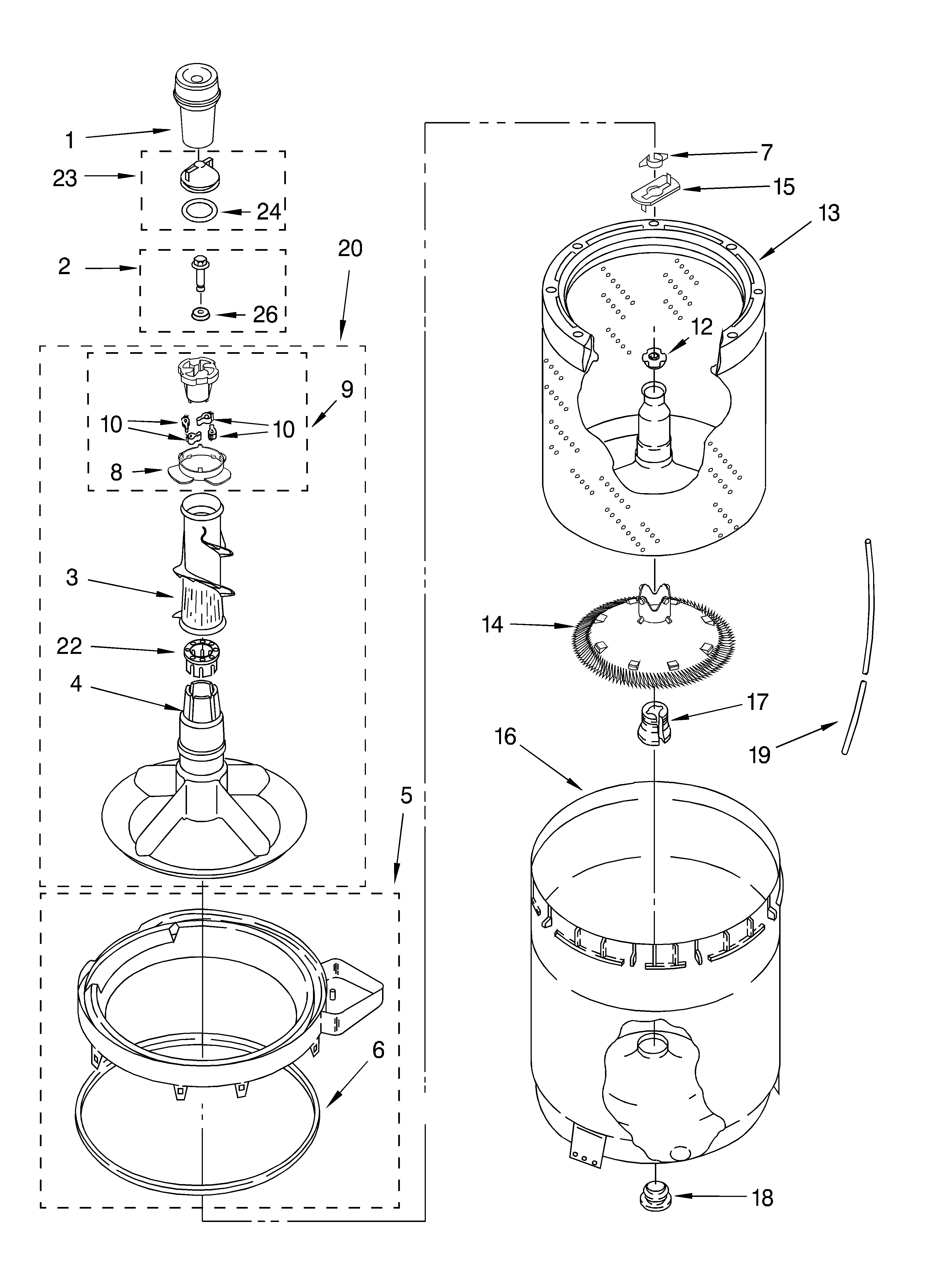 Agitator, basket and tub