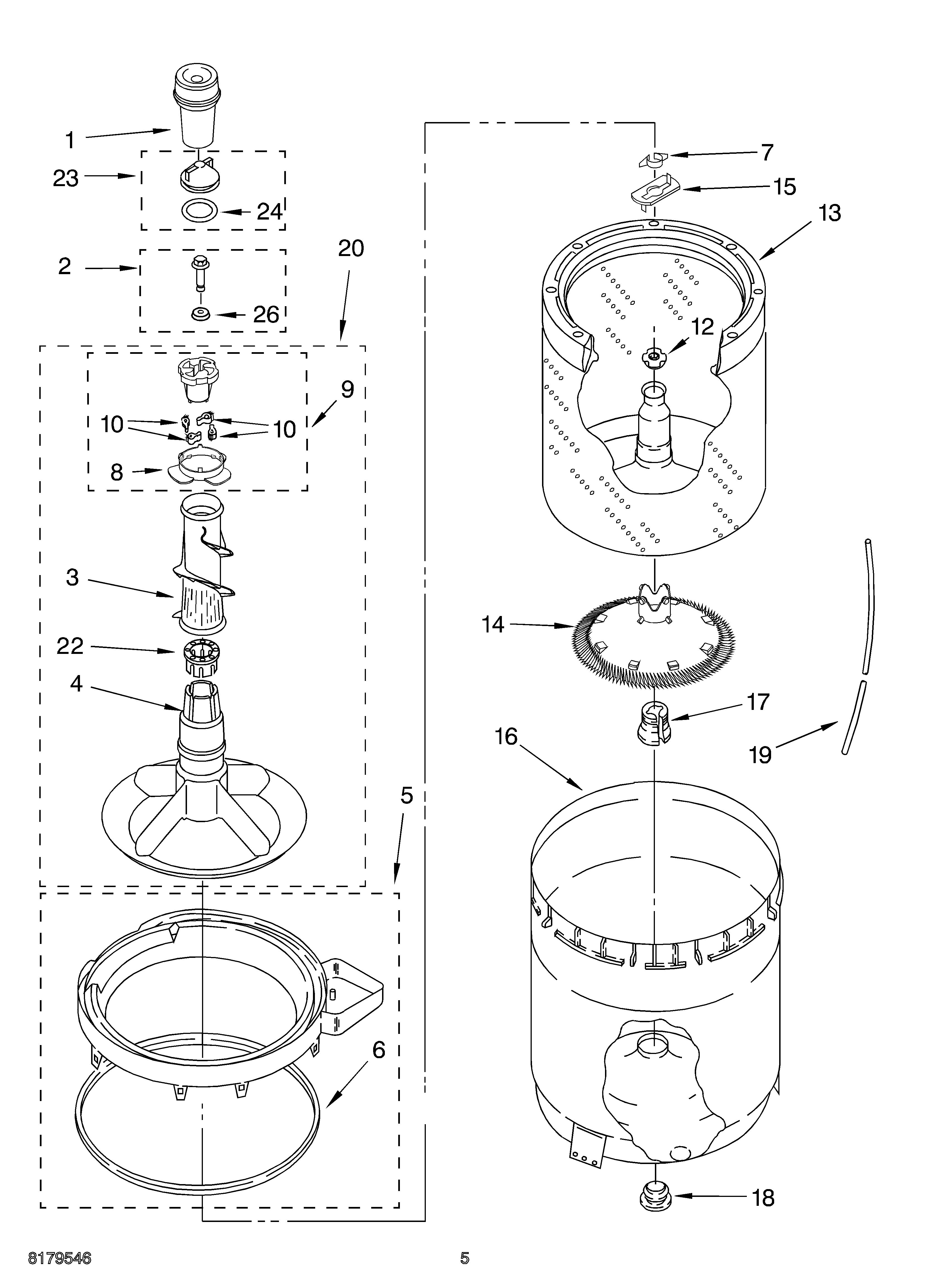 AGITATOR, BASKET AND TUB