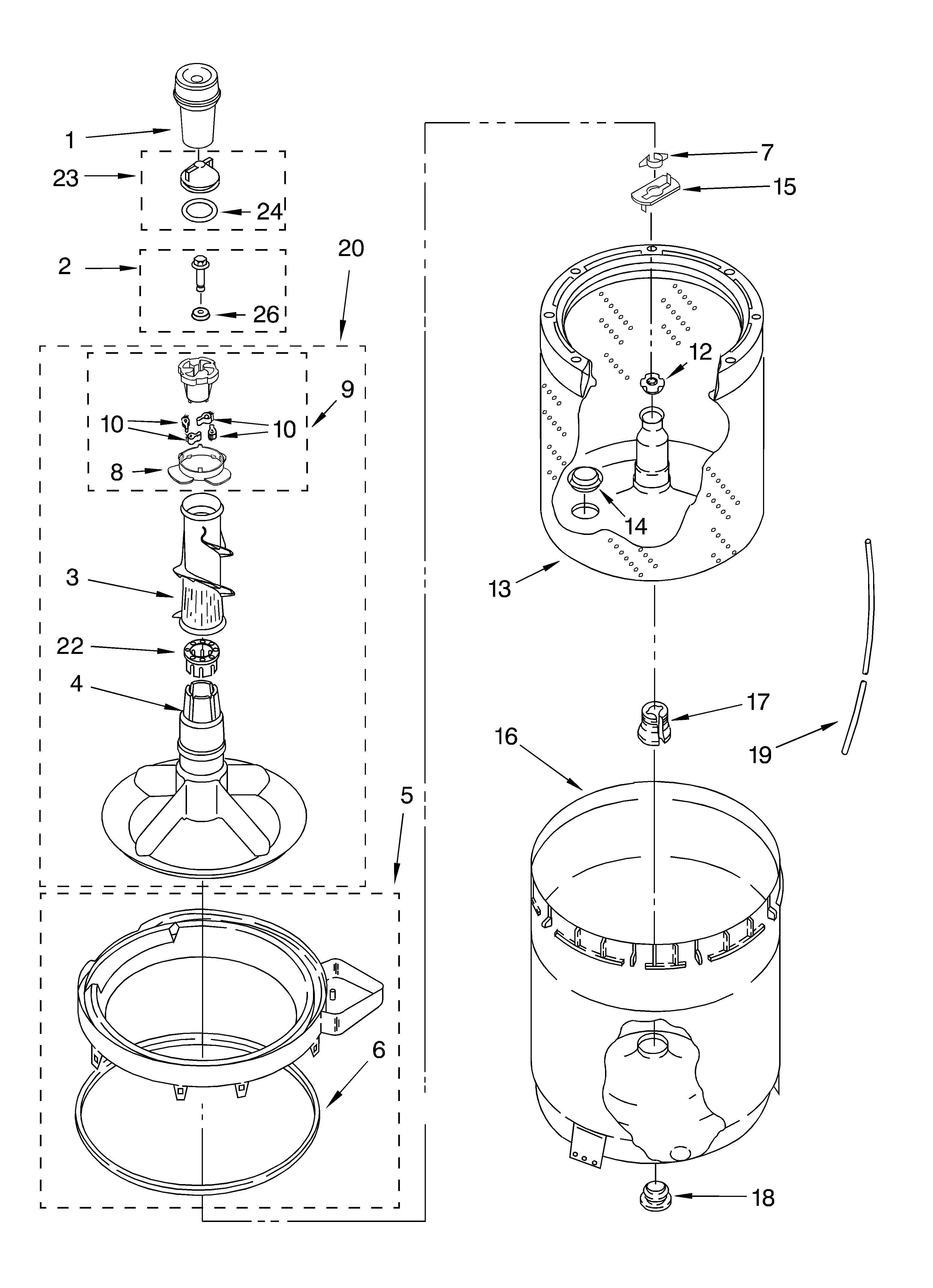Agitator, basket and tub